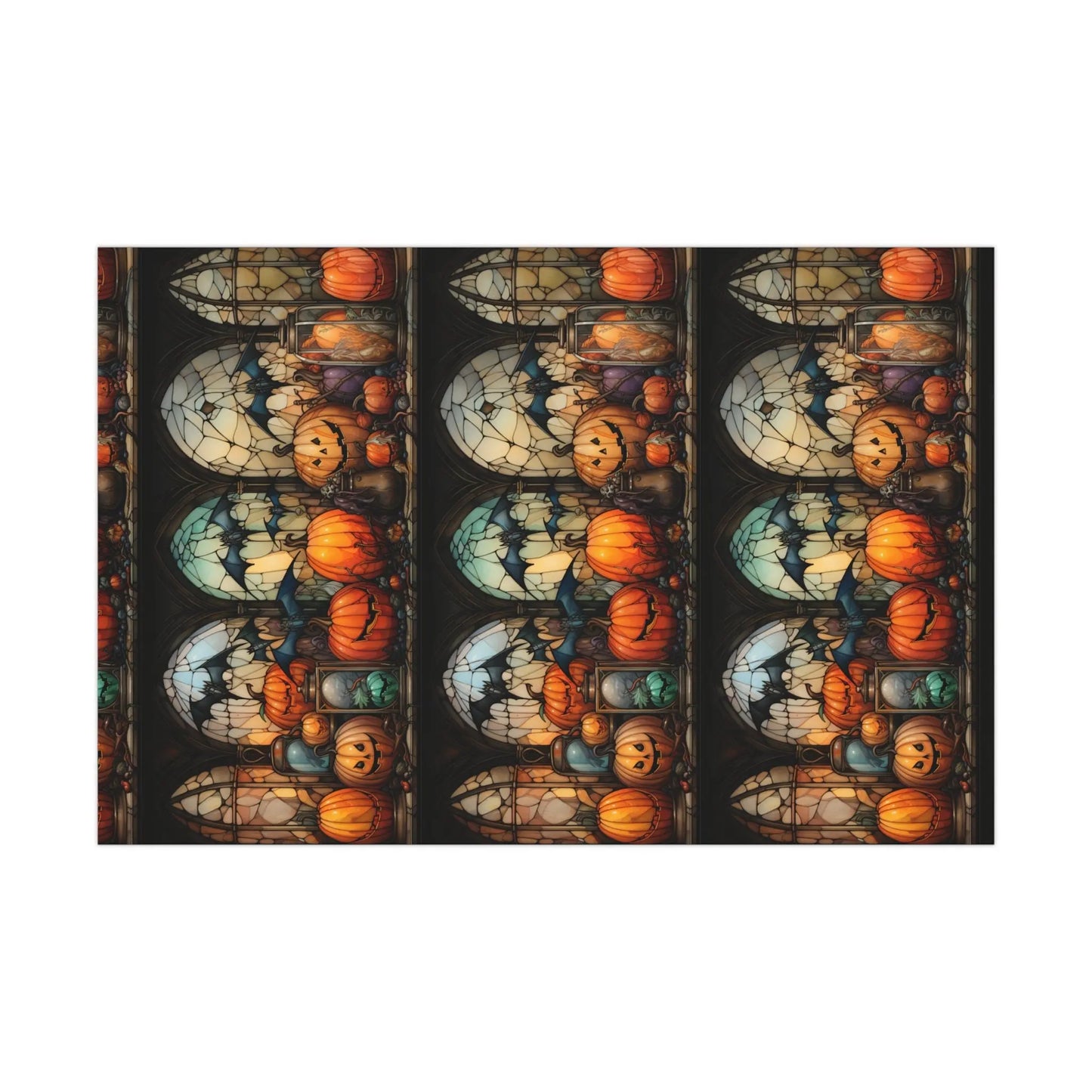 Halloween Gift Wrap Paper - Spooky Stain Glass Pumpkin & Creepy Bat Design