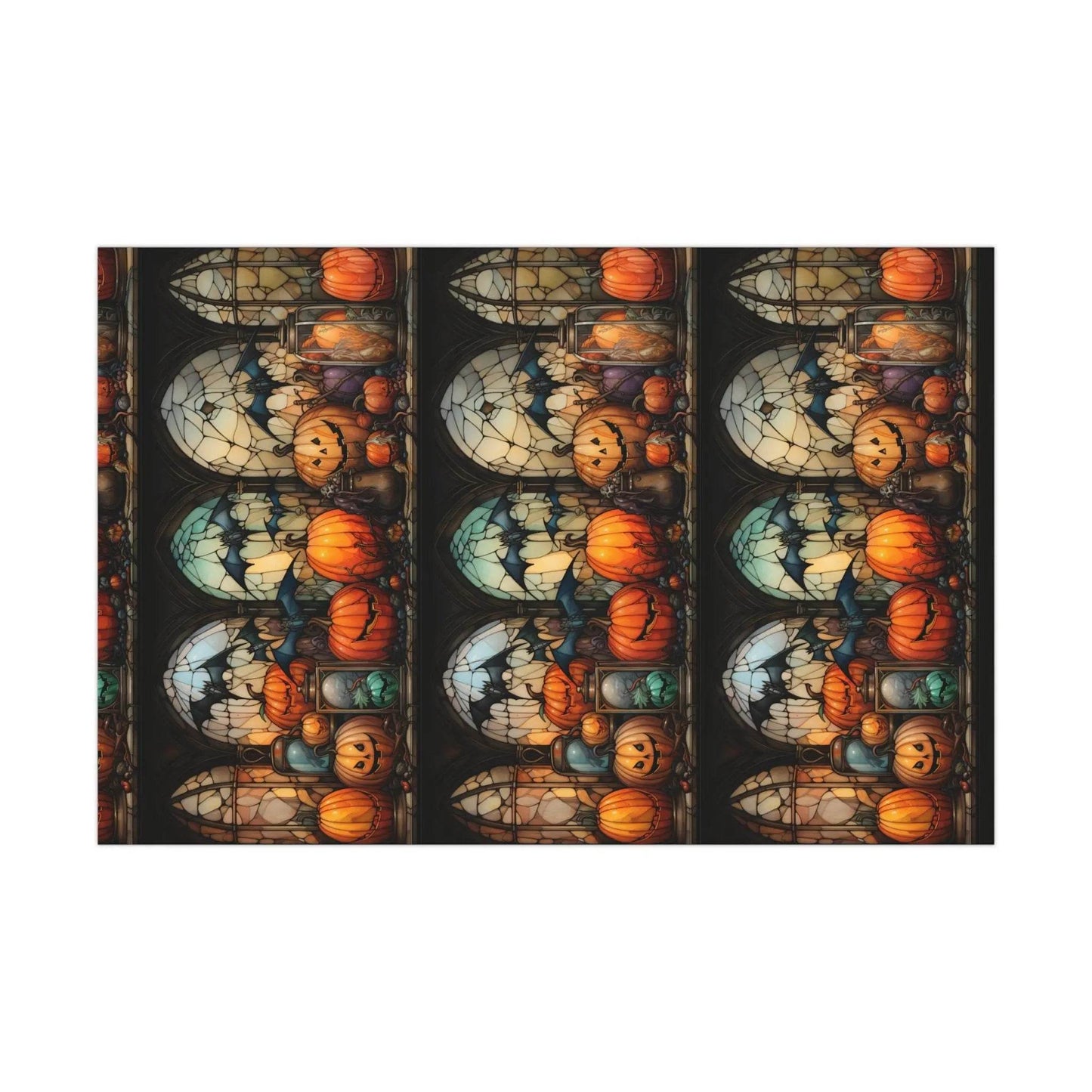 Halloween Gift Wrap Paper - Spooky Stain Glass Pumpkin & Creepy Bat Design - timelessbohochic.com