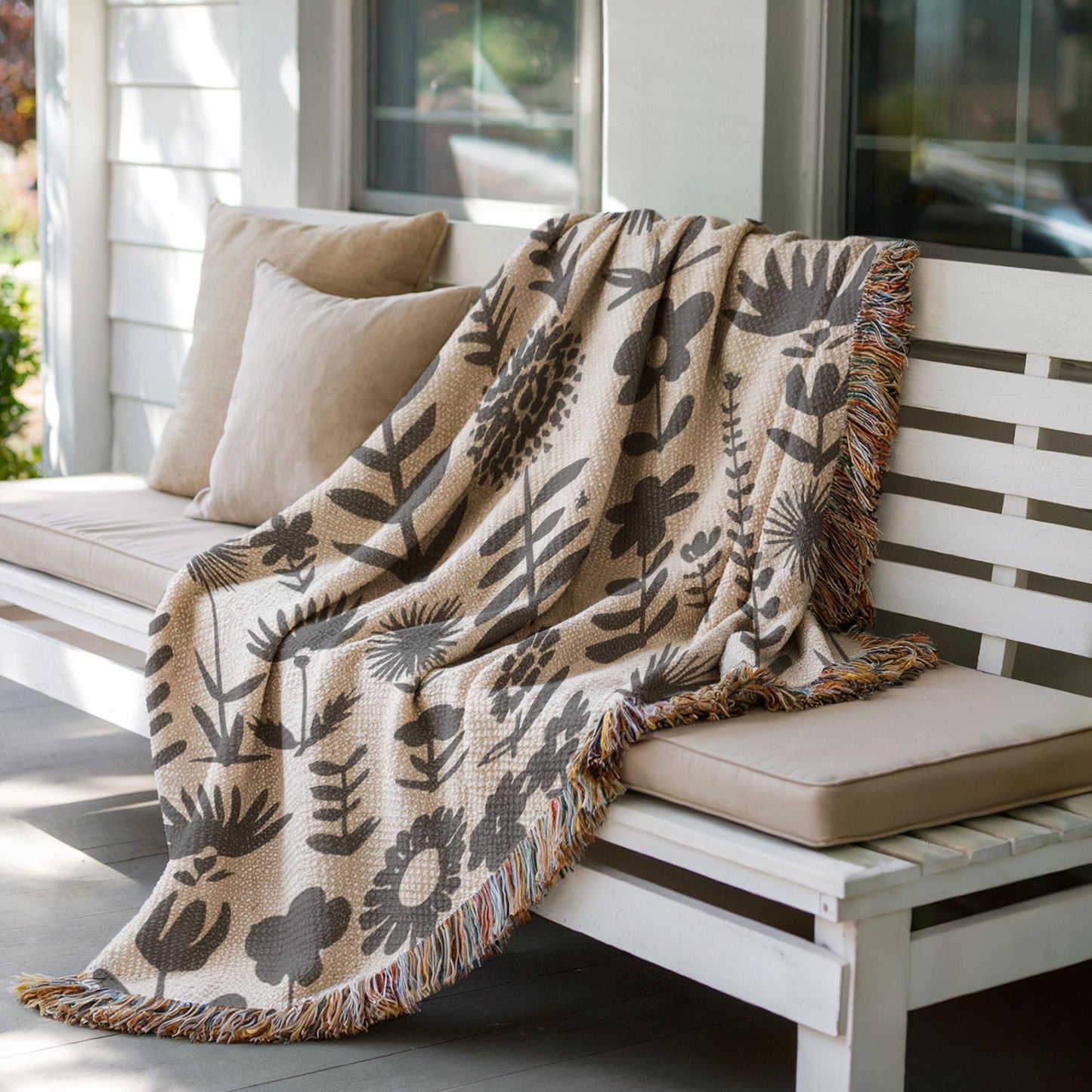 Wildflowers Meadow Throw - Cozy Cotton Blanket With Botanical Print & Colorful Fringed Edges
