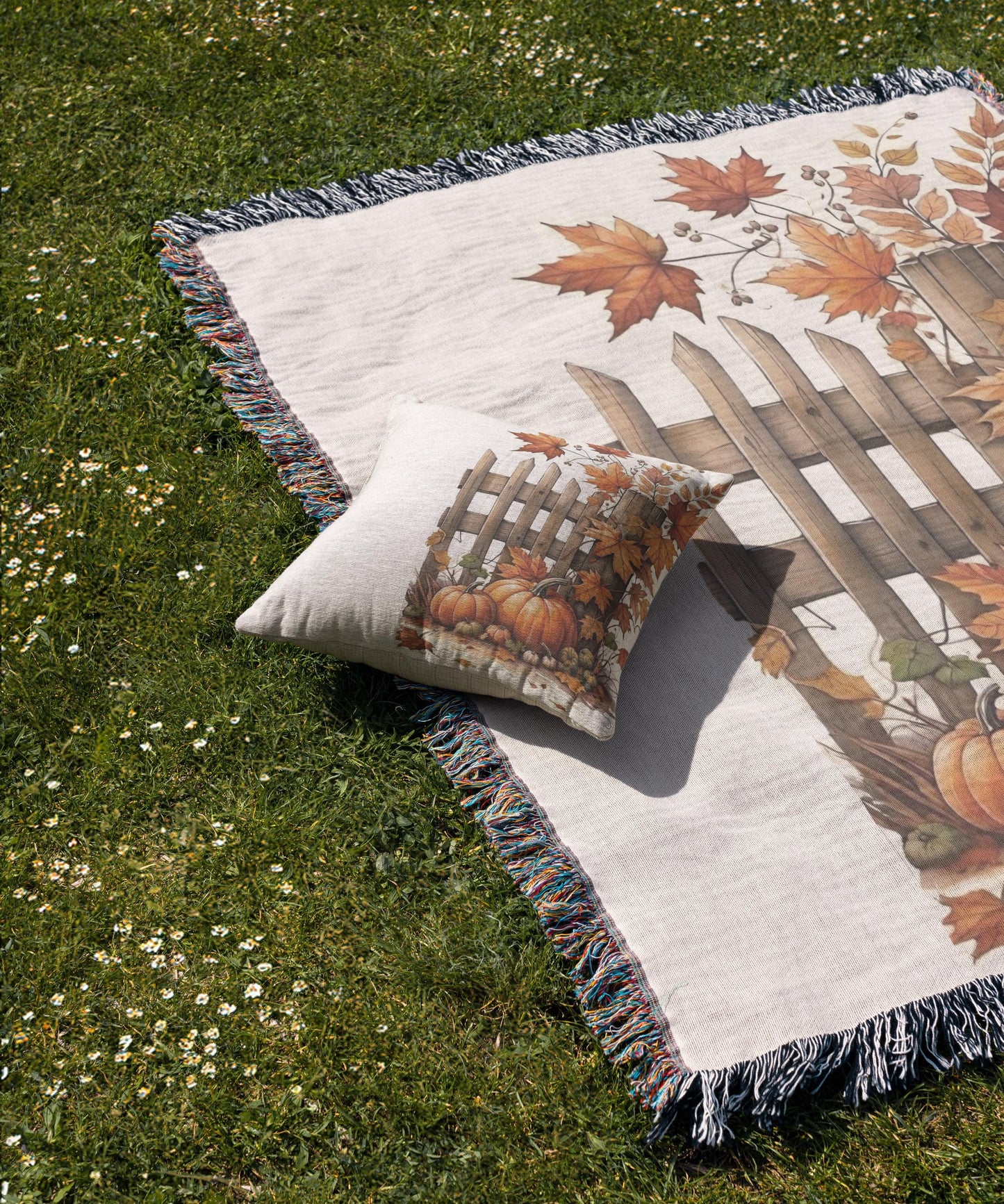 Thanksgiving Blanket, Farmhouse Design with Leaves Pumpkin and Picket Fence, Harvest Season Bedding, Fall Bed Cover, Gift for Dad Daddy Pop