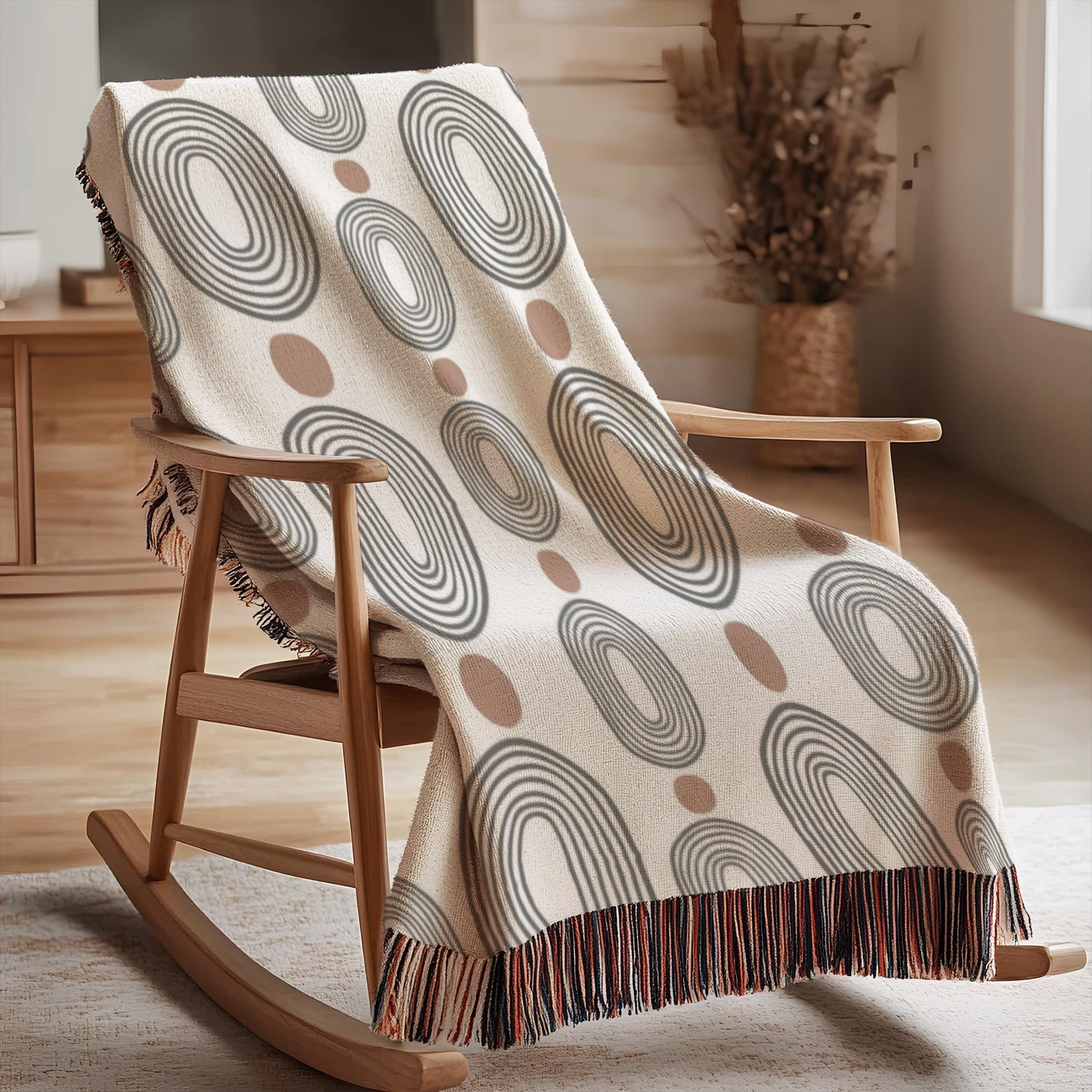Woven Blanket - Black Oval Rust Dots Throw | Cozy Cotton Coverlet, Modern MCM Decor