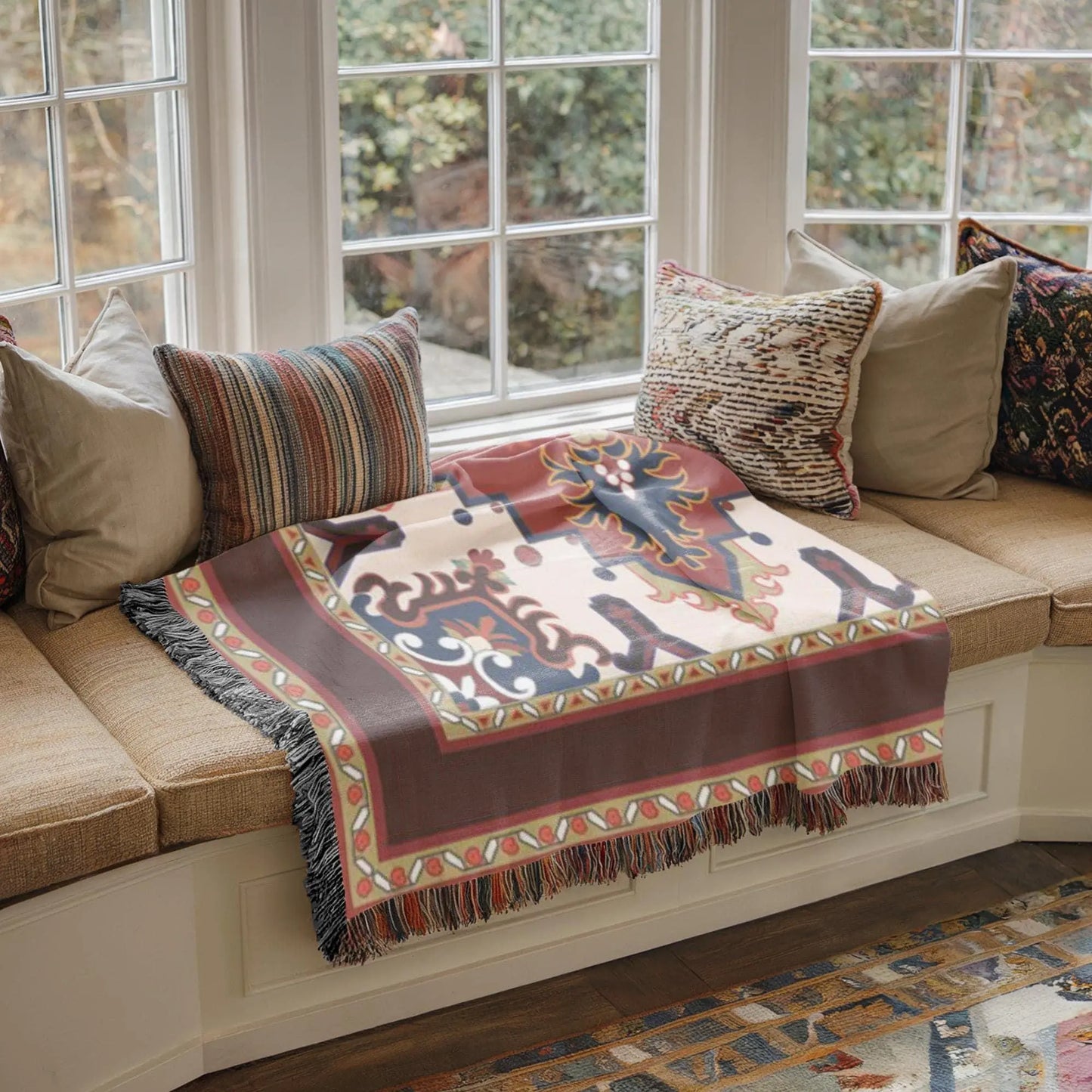 Woven Blanket - Persian Rug Throw With Fringed Edge | Soft Cotton Fabric Durable Cover