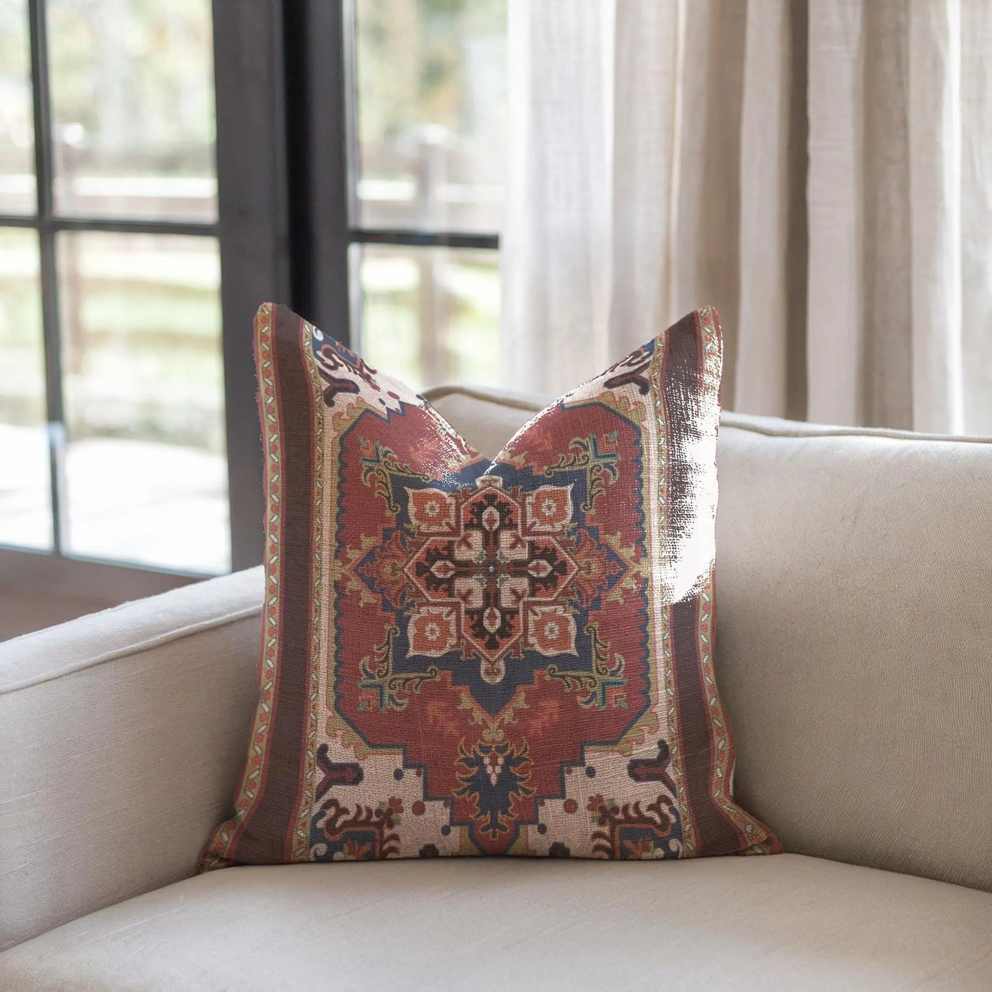 Persian Rug Pillow – Woven Decorative Boho Throw Pillow With Rust Blue Beige Pattern