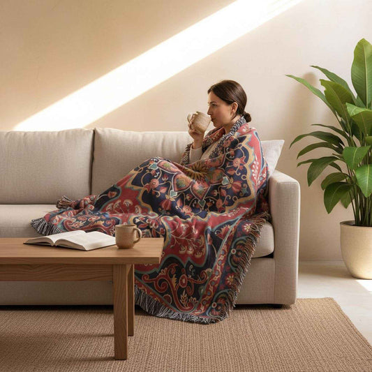 Anatolian Inspired outdoor woven throw blanket with rug-style pattern for patio styling