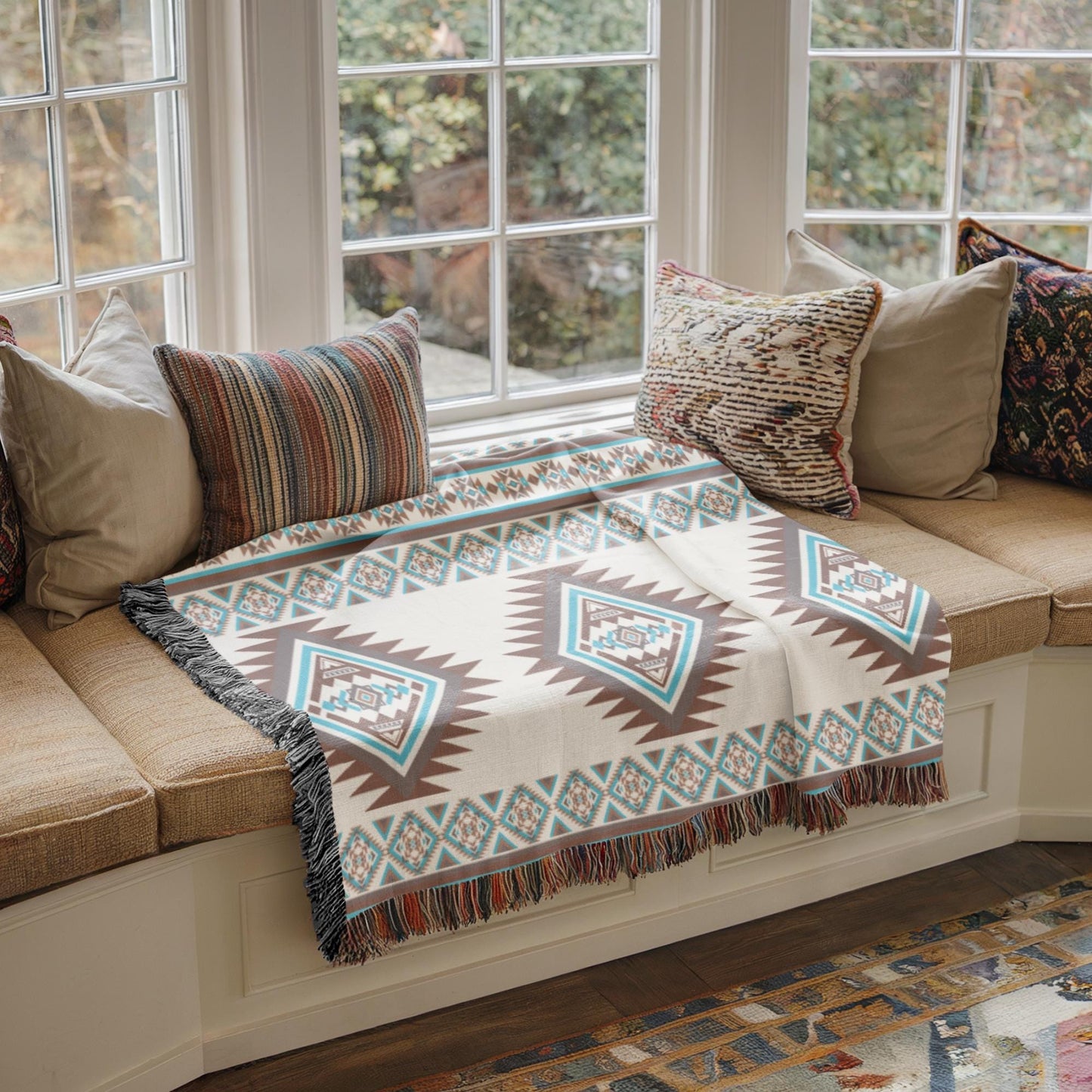 a cozy and inviting living space with a large window overlooking a lush garden. The window is adorned with several pillows and a throw blanket featuring a geometric pattern in shades of blue, brown, and white. The arrangement of the pillows and blanket creates a comfortable and visually appealing seating area, inviting relaxation and enjoyment of the surrounding natural beauty.