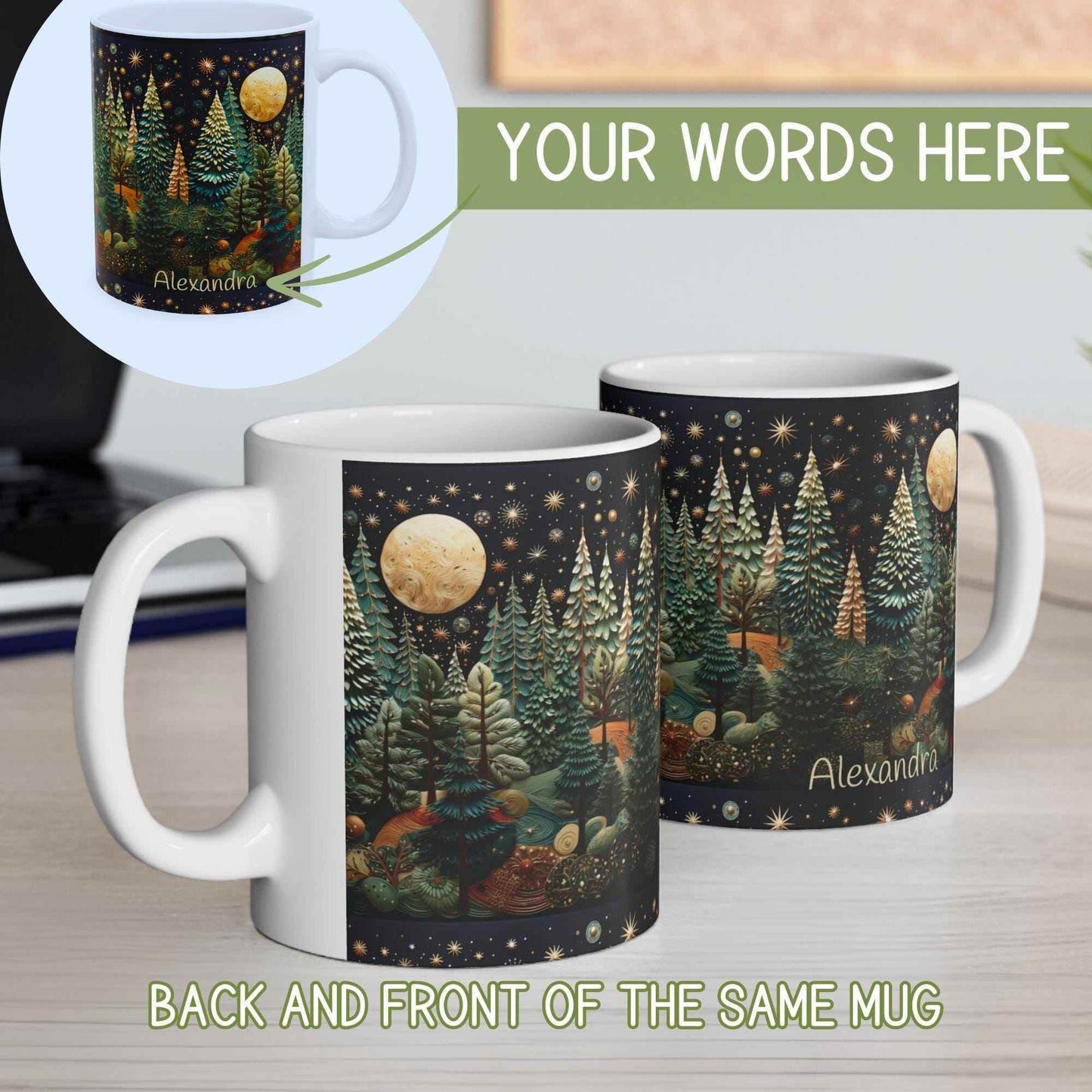 Moon and Trees Coffee Mug - Winter Landscape Ceramic Cup | Cozy Hot Beverage - timelessbohochic.com
