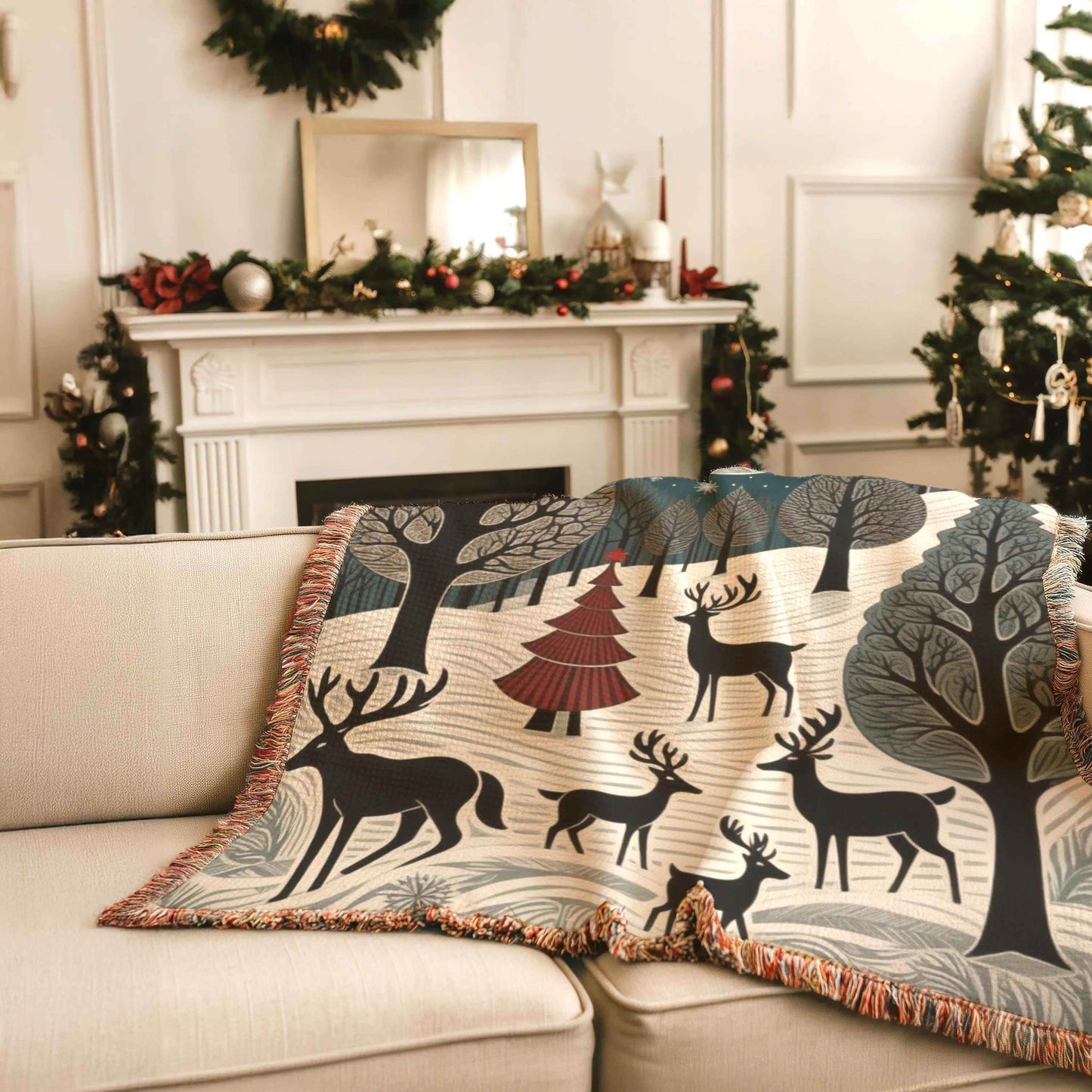 Holiday Couch Cover - Cozy Cotton Throw with Reindeer Blanket | Winter Forest Decor - timelessbohochic.com
