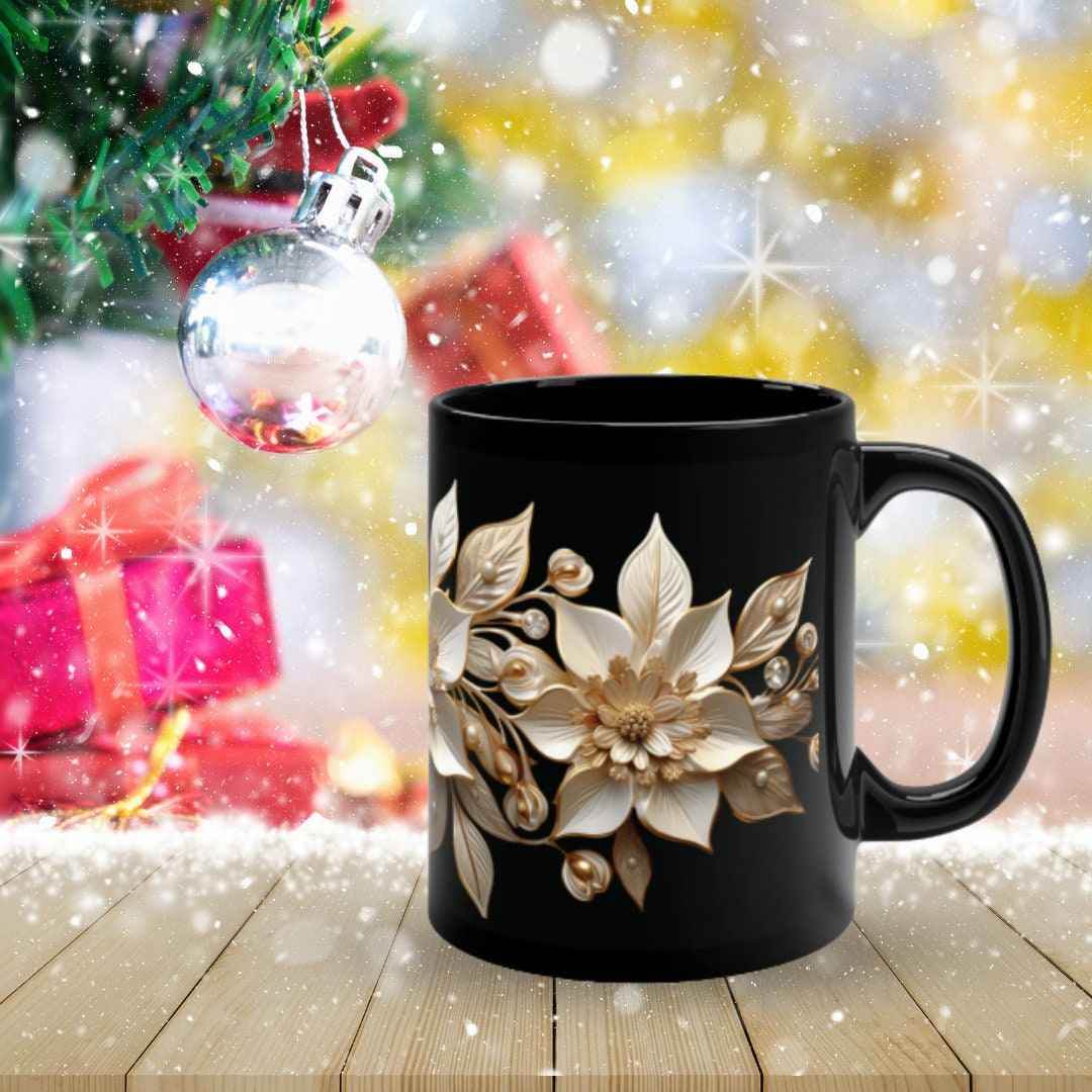 Gold Ceramic Mug – 11oz White Ceramic Cup With Poinsettia Coffee Design - timelessbohochic.com