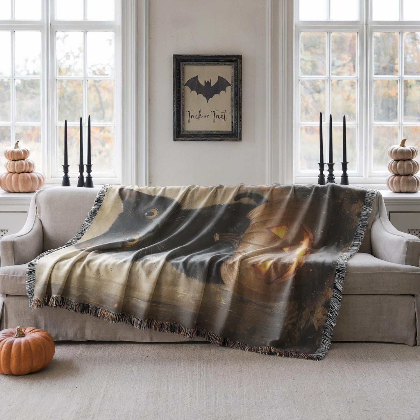 Halloween Woven Blanket - Black Cat Pumpkin Throw With Fringed Edge Cozy Decor