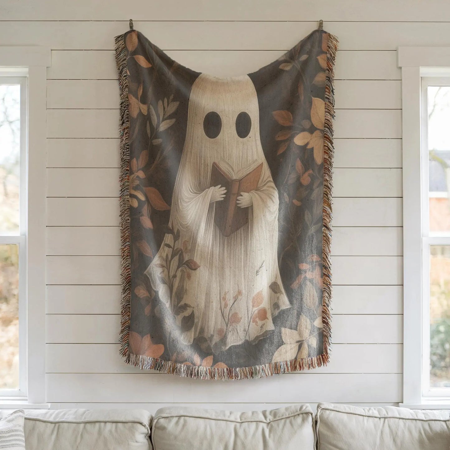 Cute Ghost Throw Blanket - Cozy Fall Cotton Woven Throw With Colorful Fringed Edges