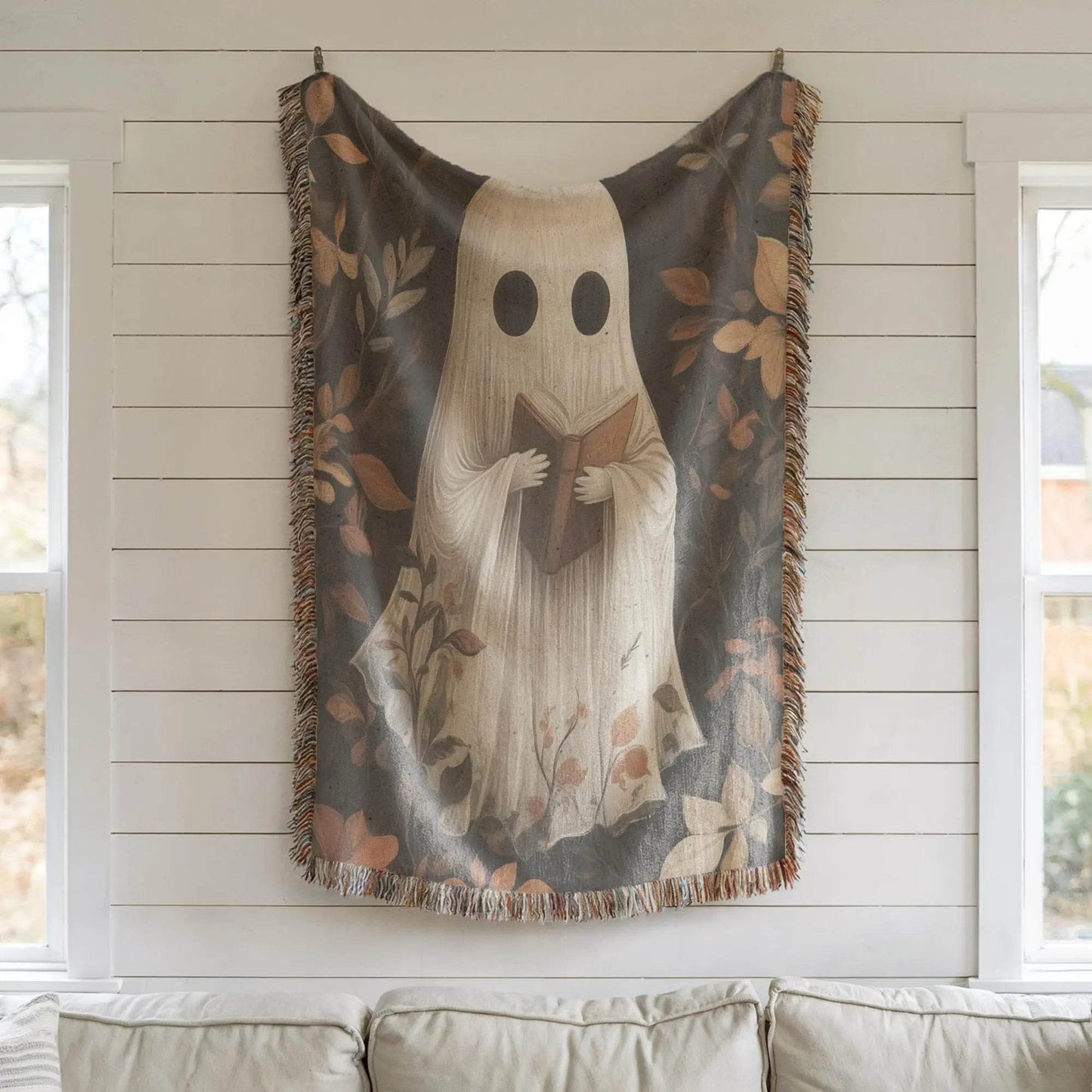 Cute Ghost Throw Blanket - Cozy Fall Cotton Woven Throw With Colorful Fringed Edges - timelessbohochic.com