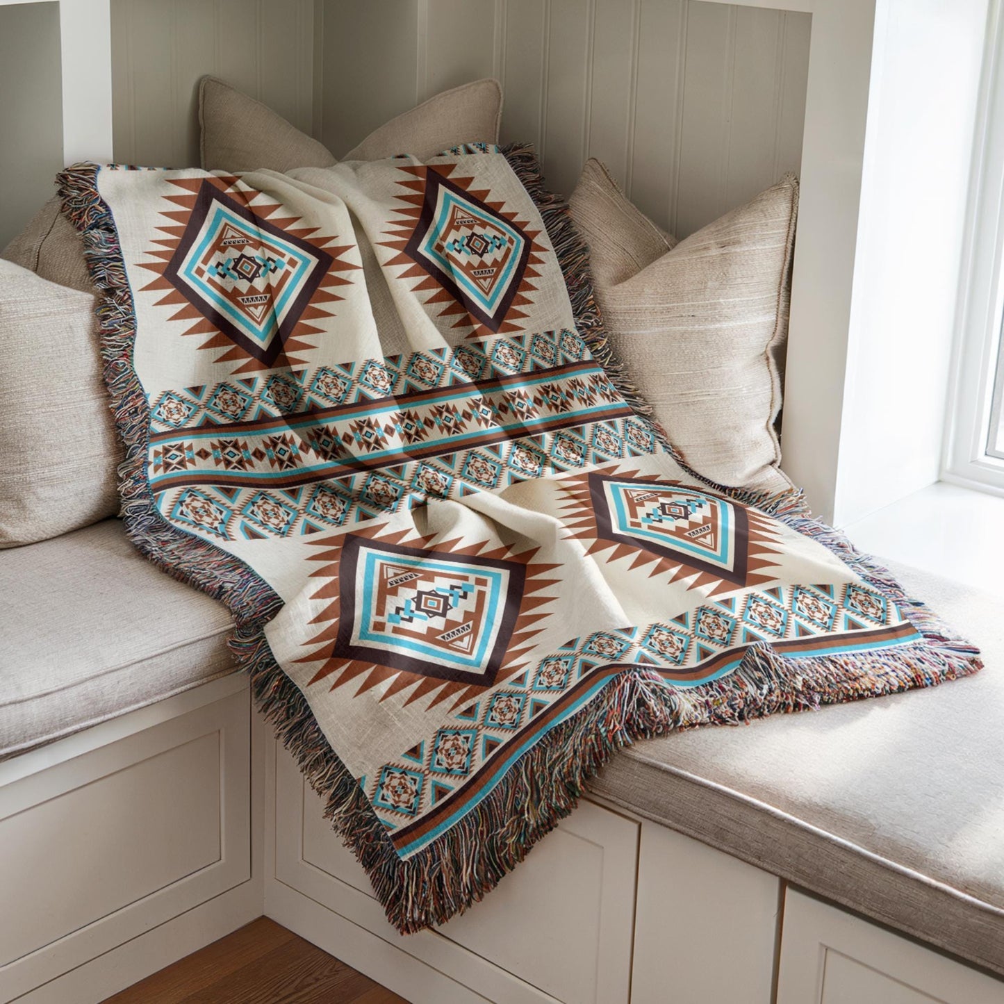 Southwest Native American Blanket - Cotton Woven Throw With Rustic Navajo Print