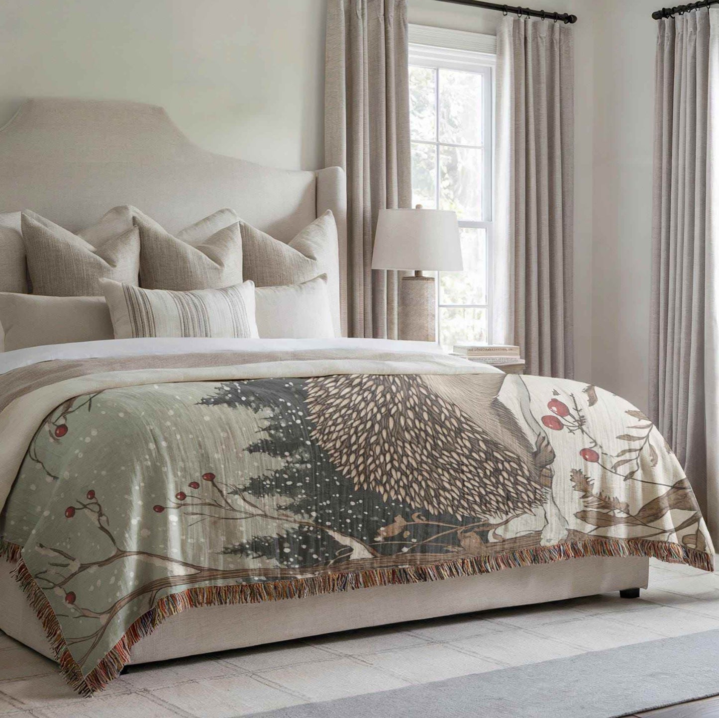 Hedgehog Bed Blanket – Cozy Cotton Throw with Festive Woodland Animal Design - timelessbohochic.com