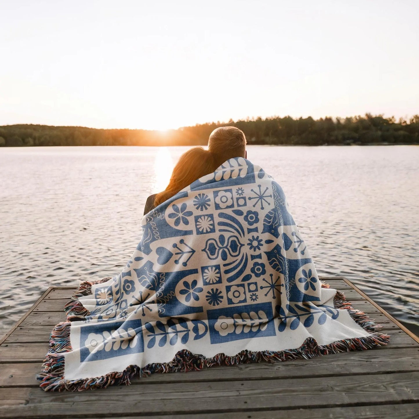 Blue Dala Horse Blanket - Scandinavian Folk Art Cotton Tapestry Throw for Cozy Hygge Home