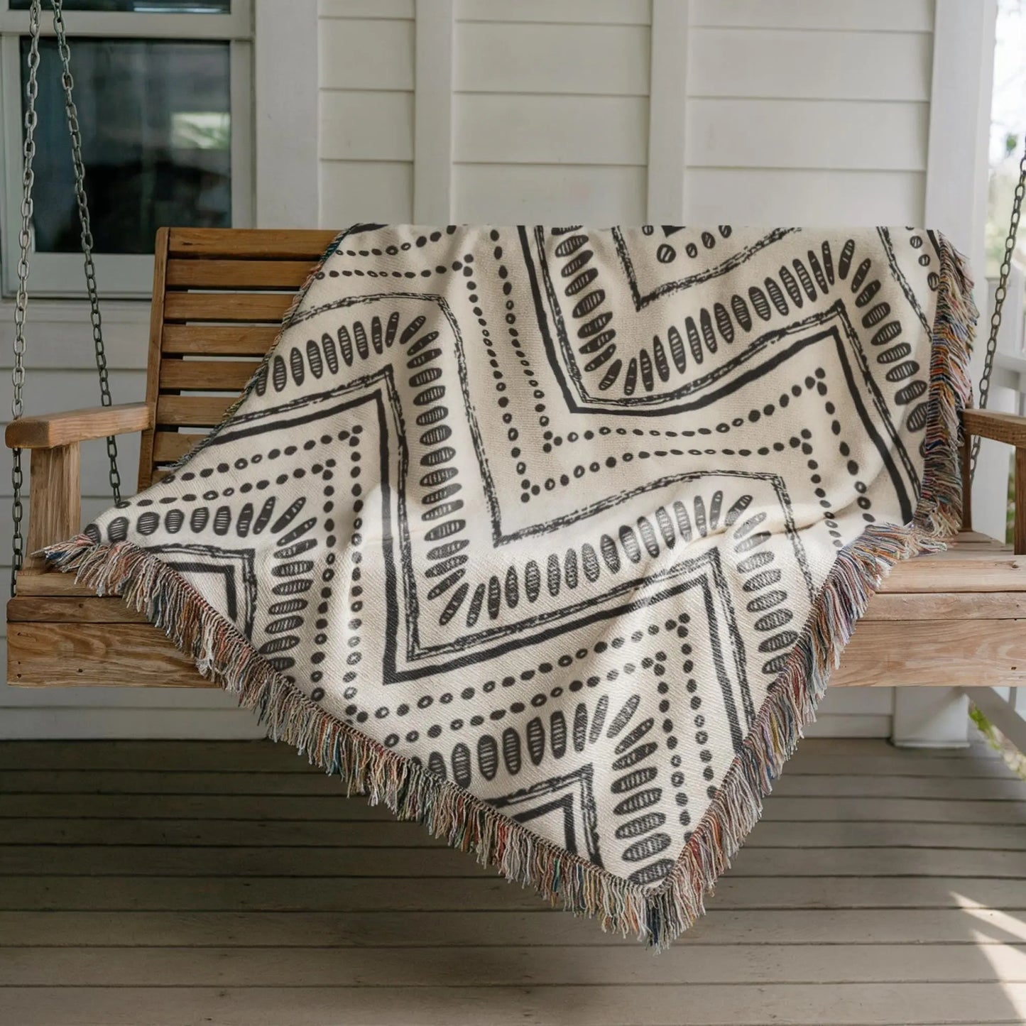 Woven Cotton Throw - Black White Tribal Ikat Blanket | Minimalist Geometric Decor