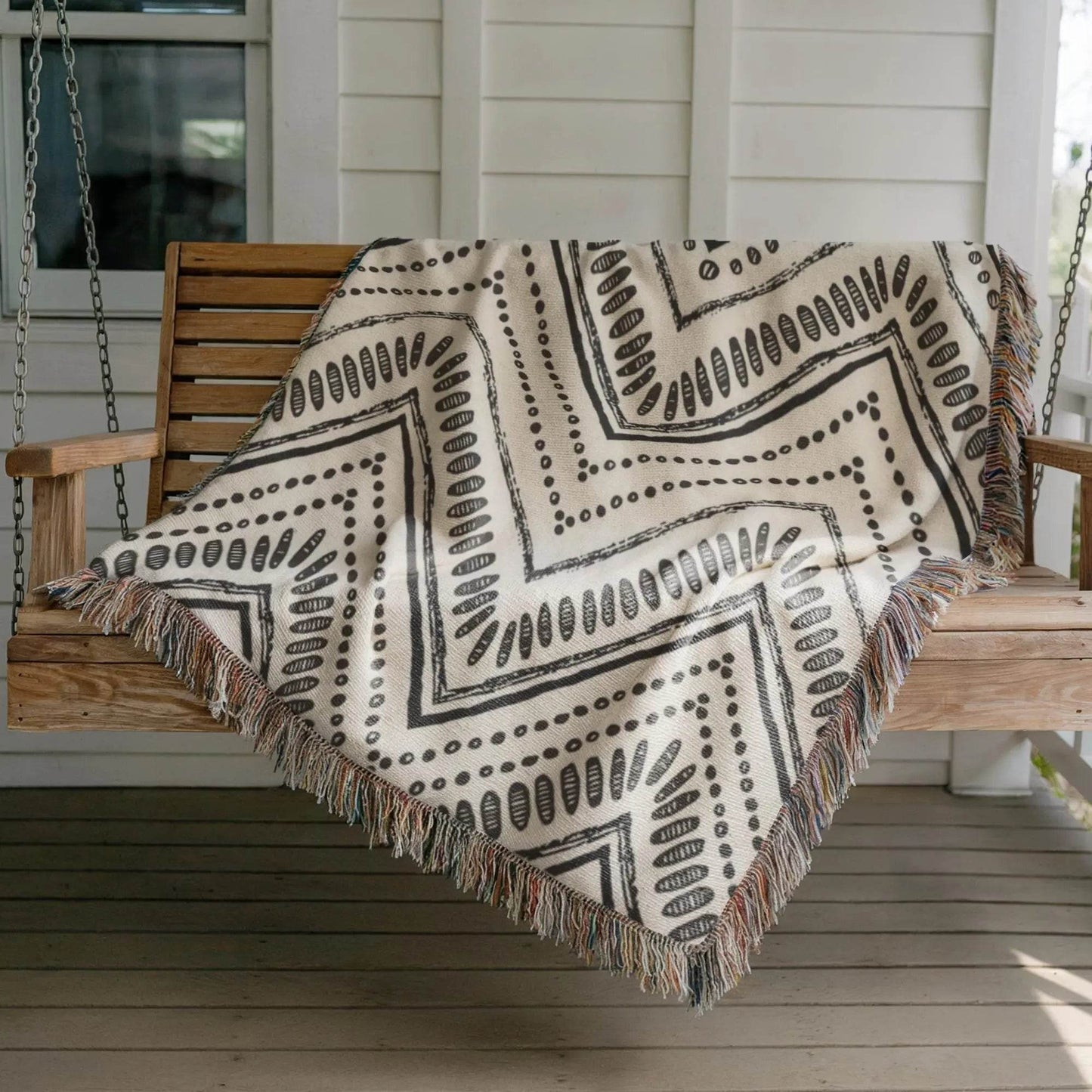Woven Cotton Throw Blanket - Black White Tribal Ikat | Minimalist Geometric Decor - timelessbohochic.com