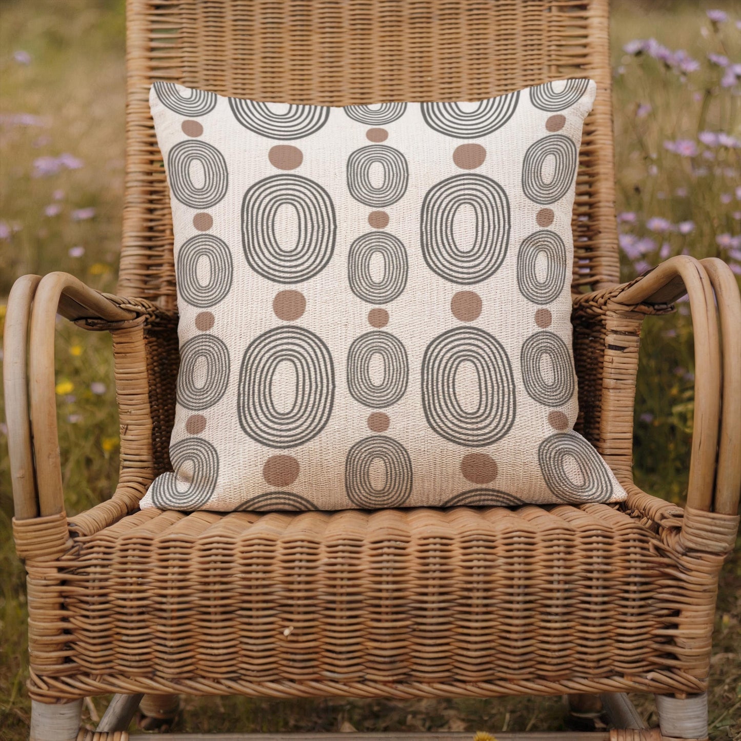 Woven Decorative Pillow - Modern Boho Throw Pillow with Black Ovals & Rust Dots