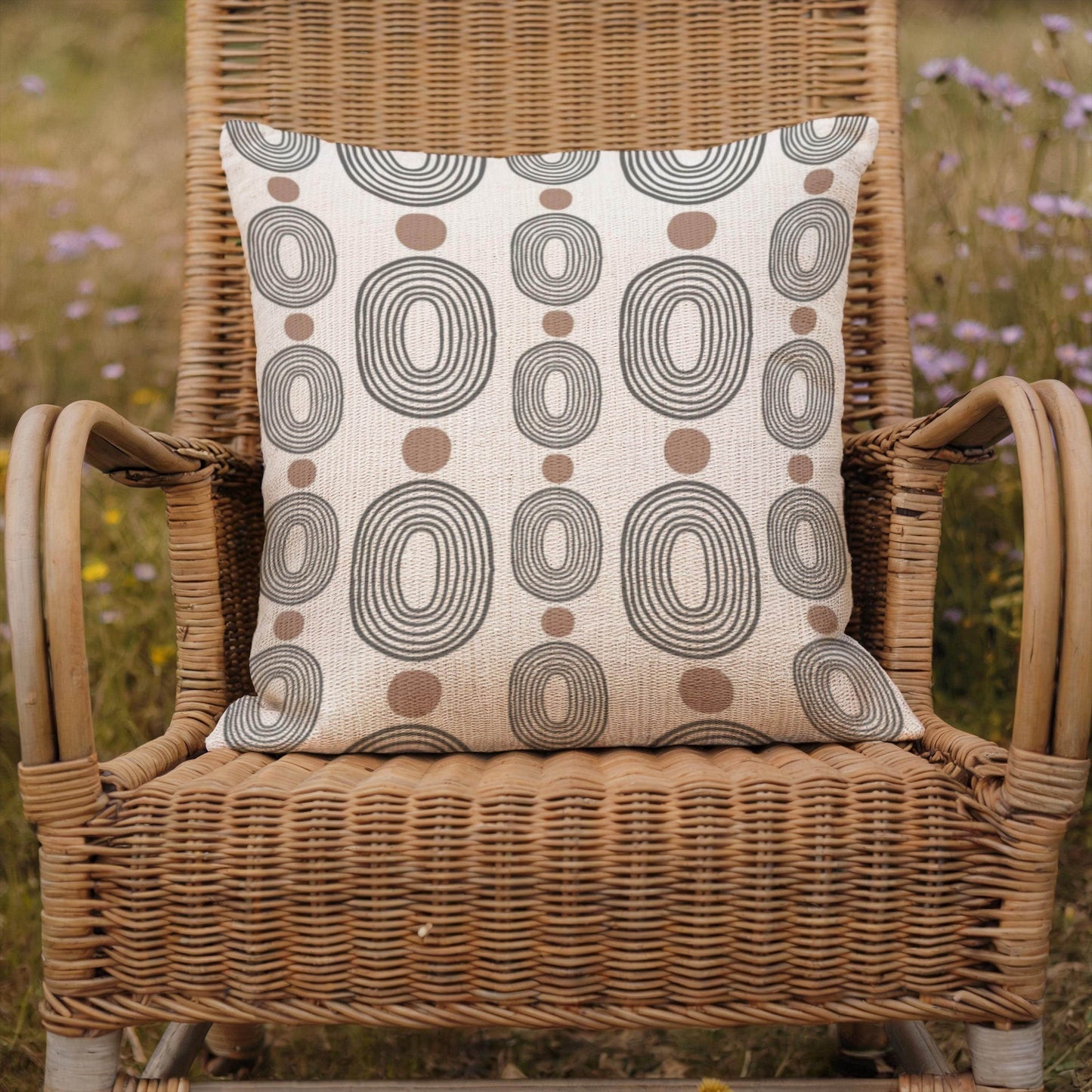 Woven Decorative Pillow - Modern Boho Throw Pillow with Black Ovals & Rust Dots - timelessbohochic.com