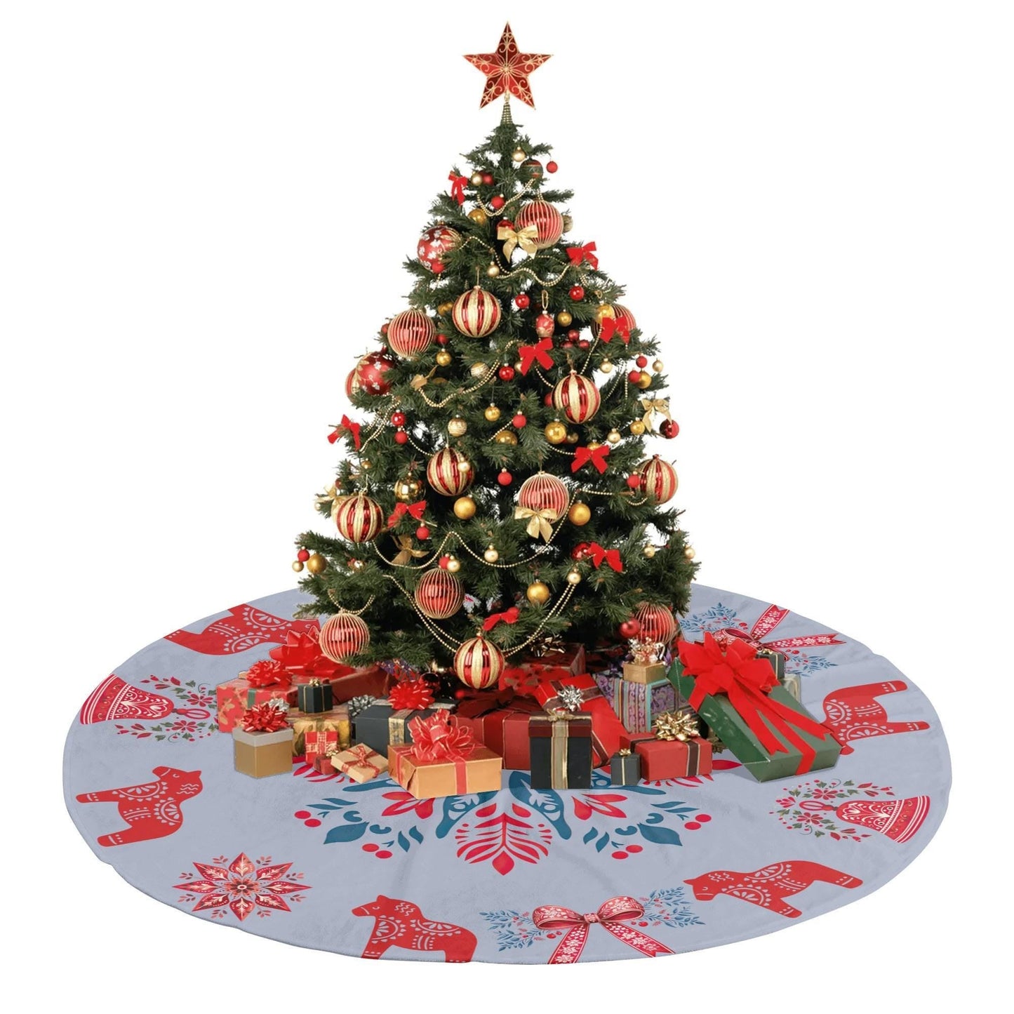 Scandi Christmas Tree Skirt – Nordic Holiday Decor With Dala Horse & Coquette Bow