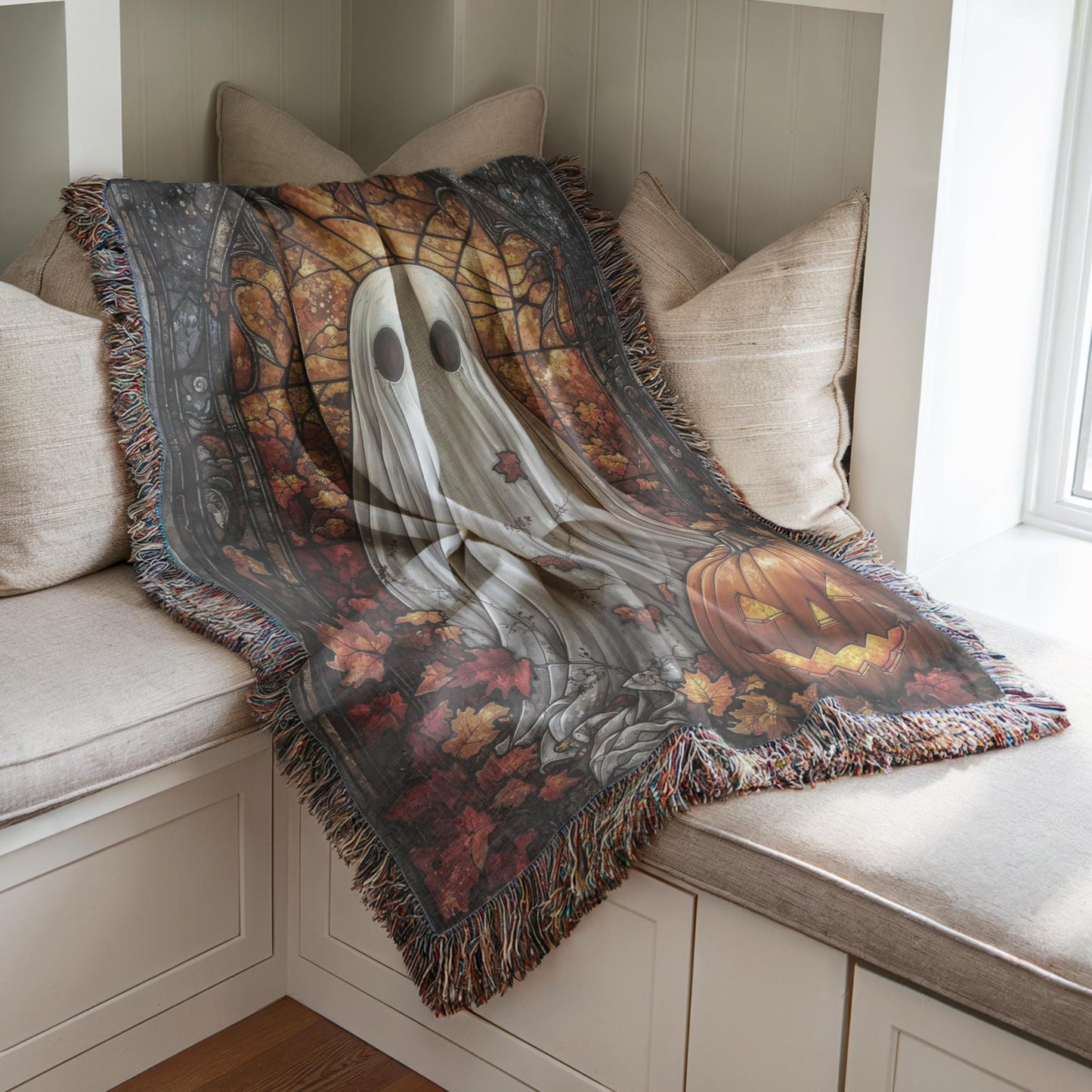 Halloween Living-Room Blanket – Ghost Pumpkin Throw With Stained Glass Design