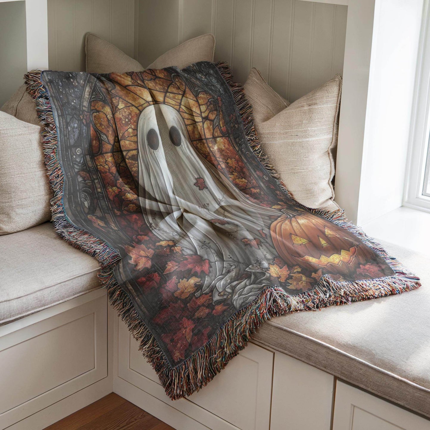 Halloween Living-Room Blanket – Ghost Pumpkin Throw With Stained Glass Design - timelessbohochic.com