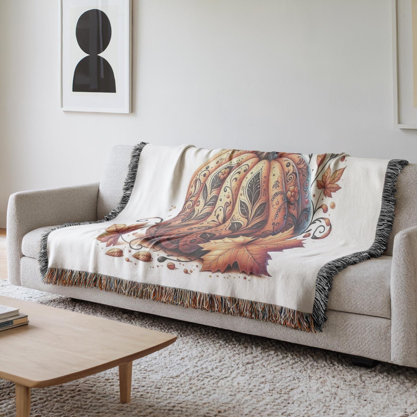 Thanksgiving Woven Blanket – Cozy Throw Blanket with Tattooed Pumpkin Design, Fringed Edge