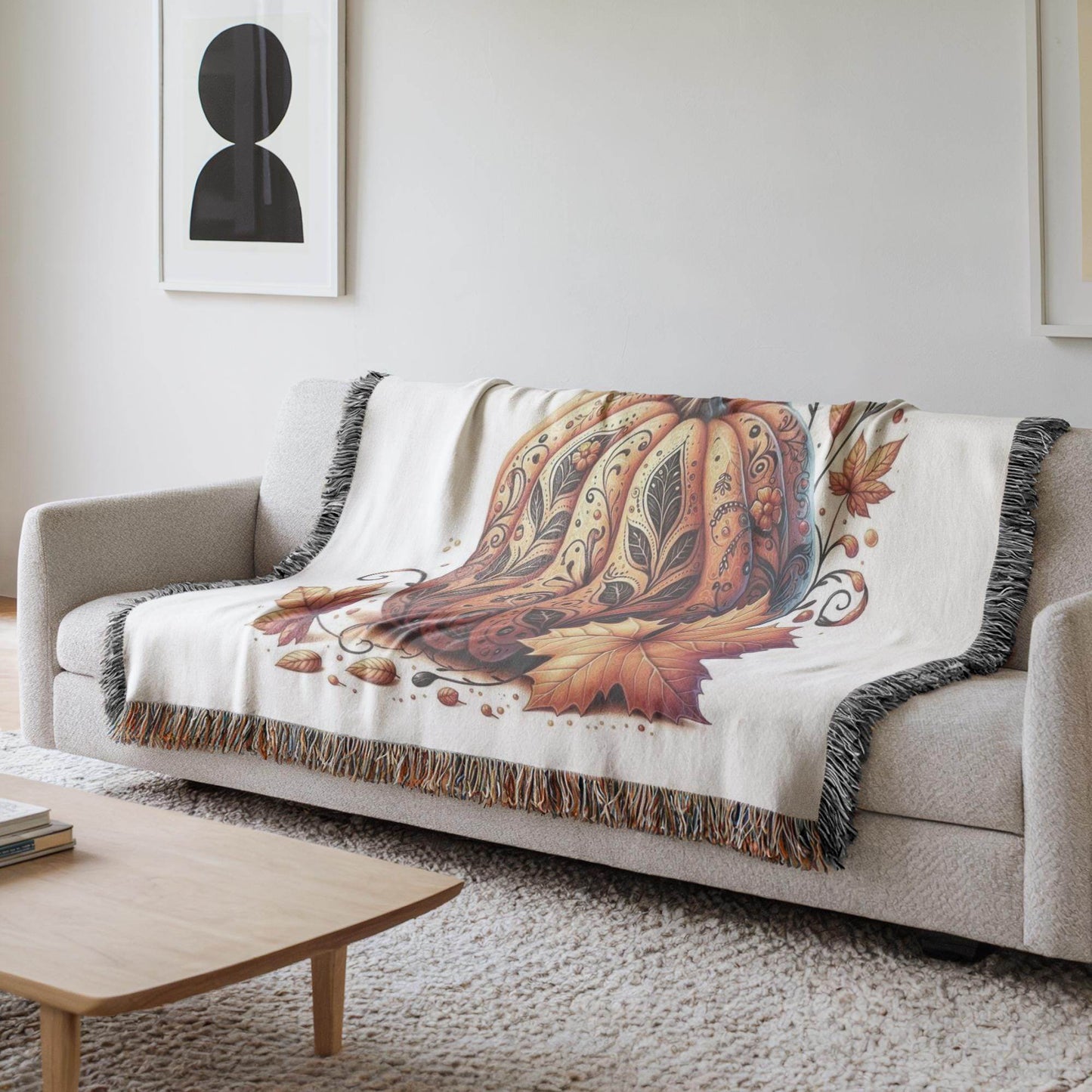 Thanksgiving Woven Blanket – Cozy Throw Blanket with Tattooed Pumpkin Design, Fringed Edge - timelessbohochic.com