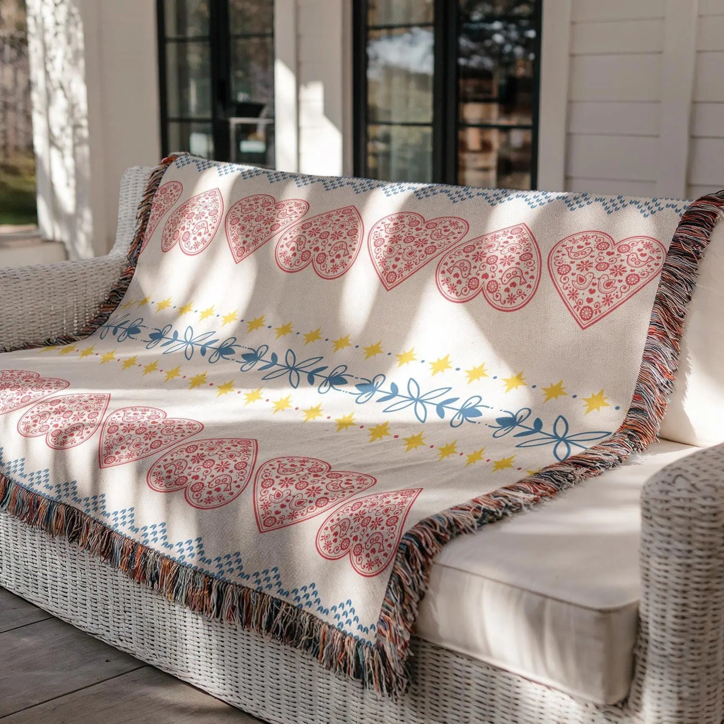 Cotton Woven Blanket – Swedish Scandi Heart Throw with Nordic Star Design