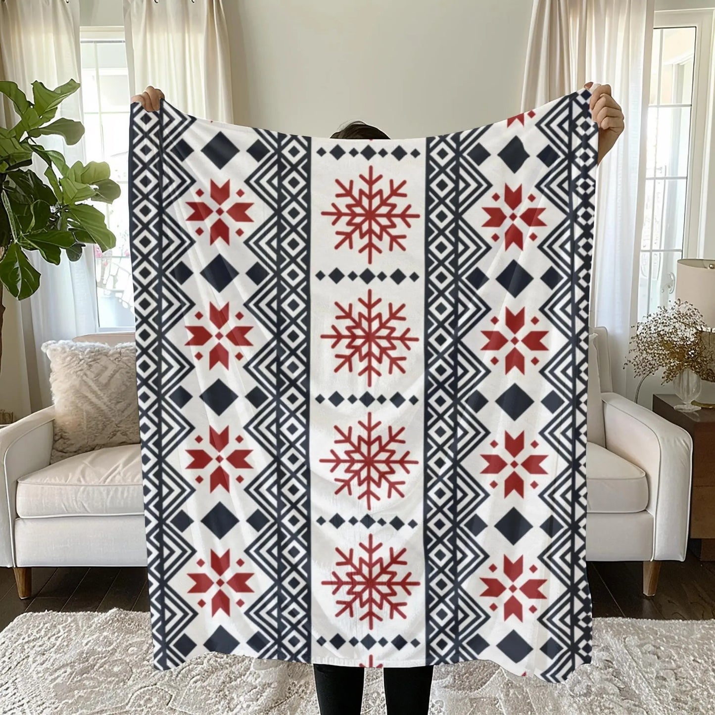 Scandinavian Fleece Throw - Red Black Snowflake Plush Velveteen Blanket Cozy Winter