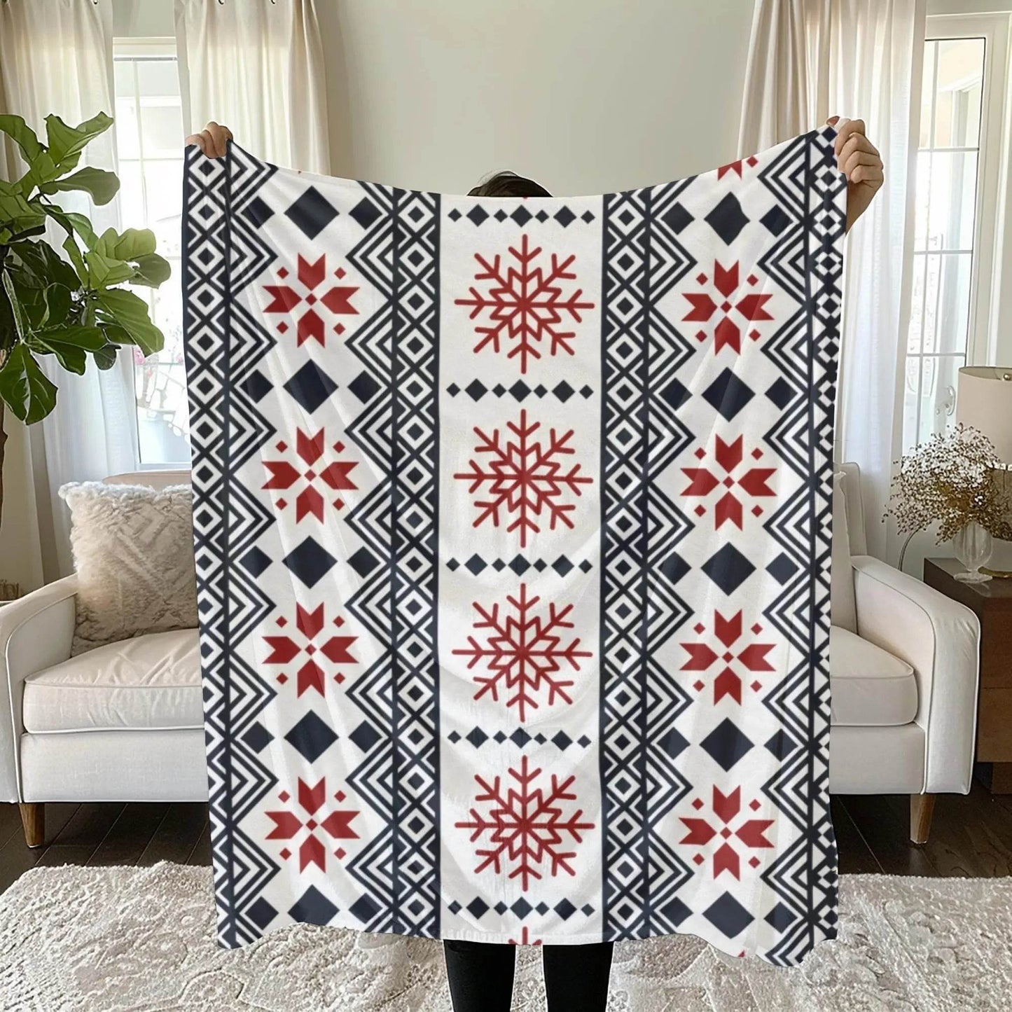 Scandinavian Fleece Throw Blanket - Cozy Red Black Snowflake Plush Velveteen for Winter - timelessbohochic.com