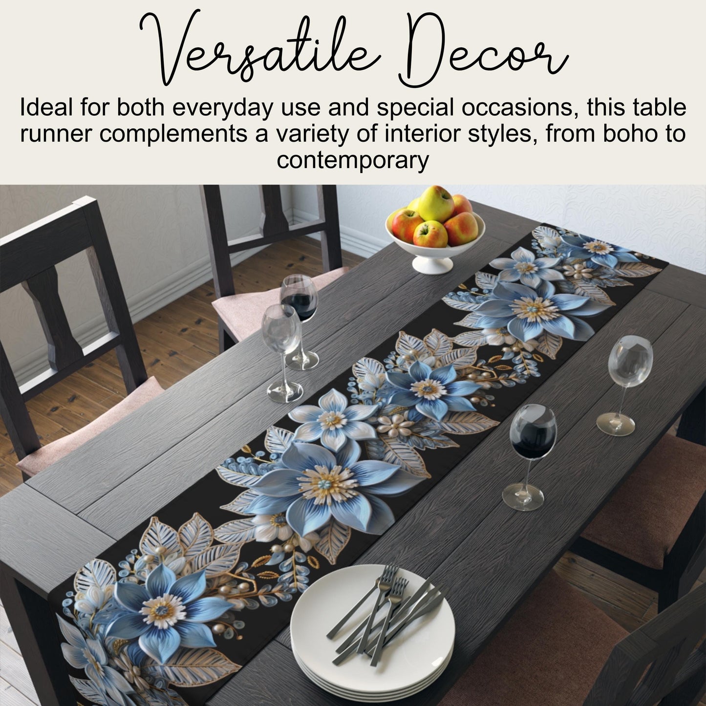 Poinsettia Table Runner – Baby Blue & Gold Christmas Table Decor | Elegant Holiday Accent