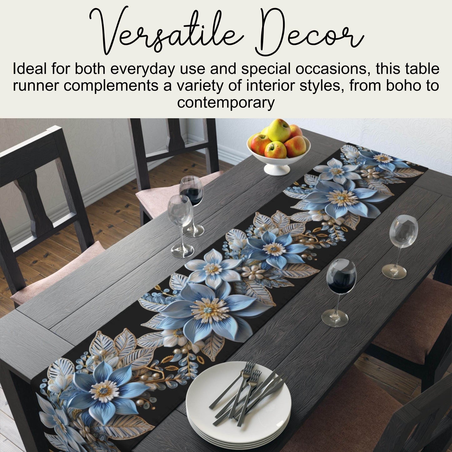 Poinsettia Table Runner – Baby Blue & Gold Christmas Table Decor | Elegant Holiday Accent - timelessbohochic.com