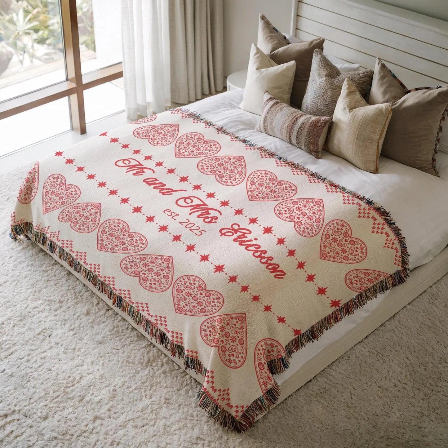 Scandi Heart Blanket – Woven Cotton Throw with Red Hearts | Cozy Nordic Gift