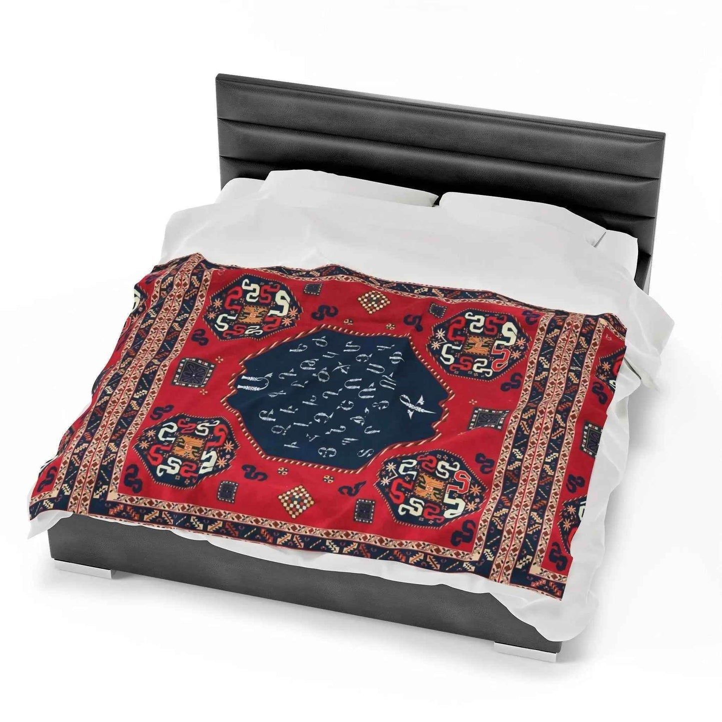 Velveteen Plush Blanket - Armenian Alphabet Design Boho Throw Blanket for Cozy Warmth - timelessbohochic.com