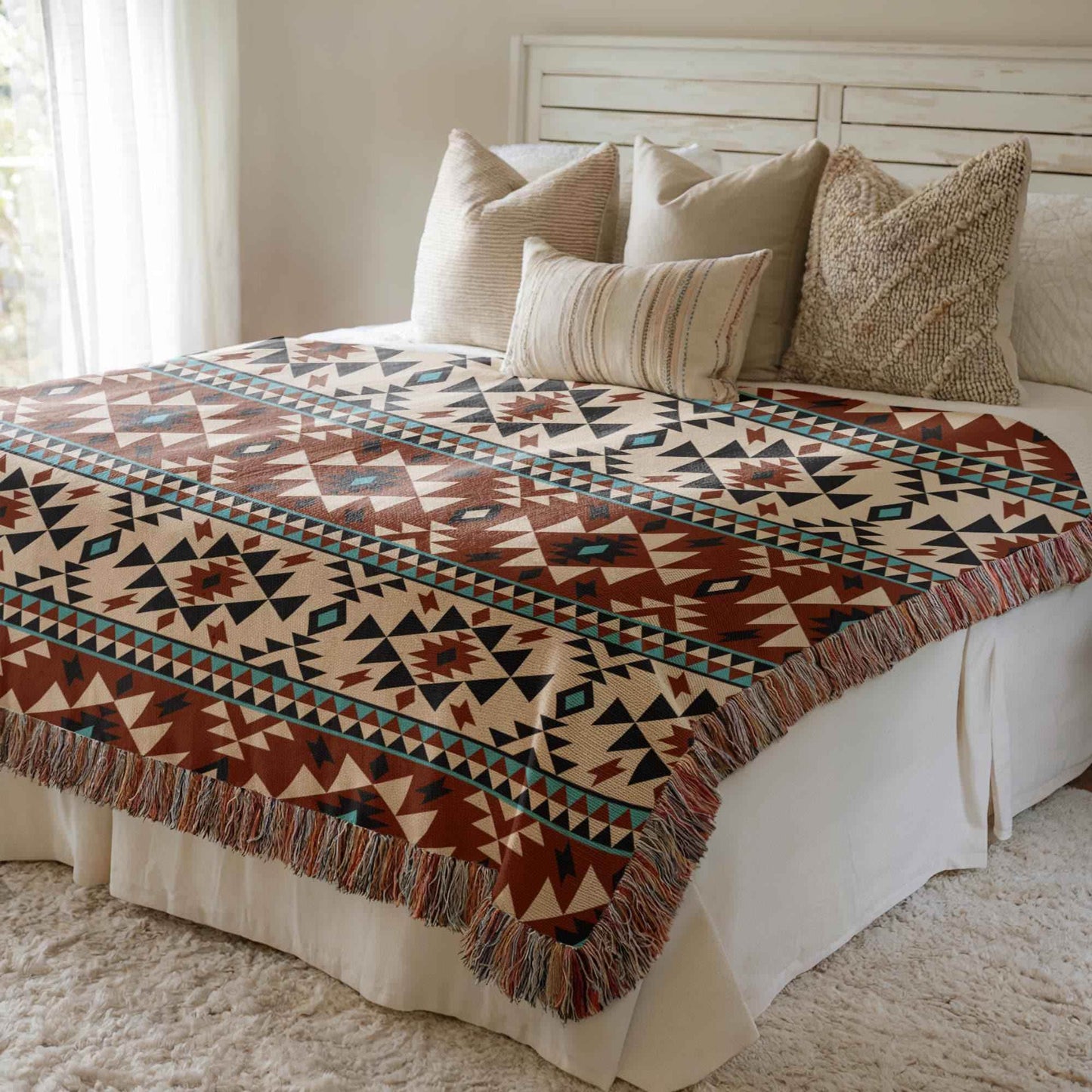 Southwestern Throw Blanket - Cozy Boho Sofa Wrap With Tribal Pattern & Colorful Fringed Edges - timelessbohochic.com