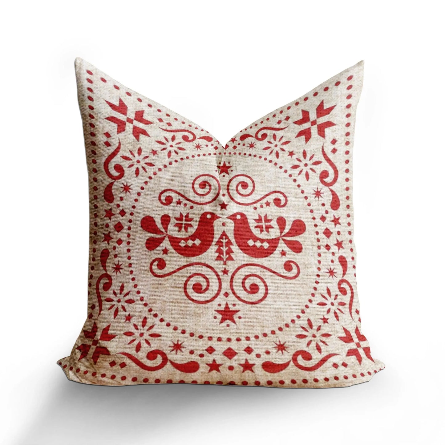Nordic Woven Cushion - Scandinavian Throw Pillow With Rustic Red Bird Design