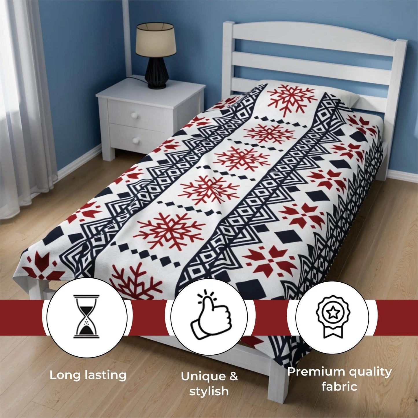 Scandinavian Fleece Throw Blanket - Cozy Red Black Snowflake Plush Velveteen for Winter - timelessbohochic.com