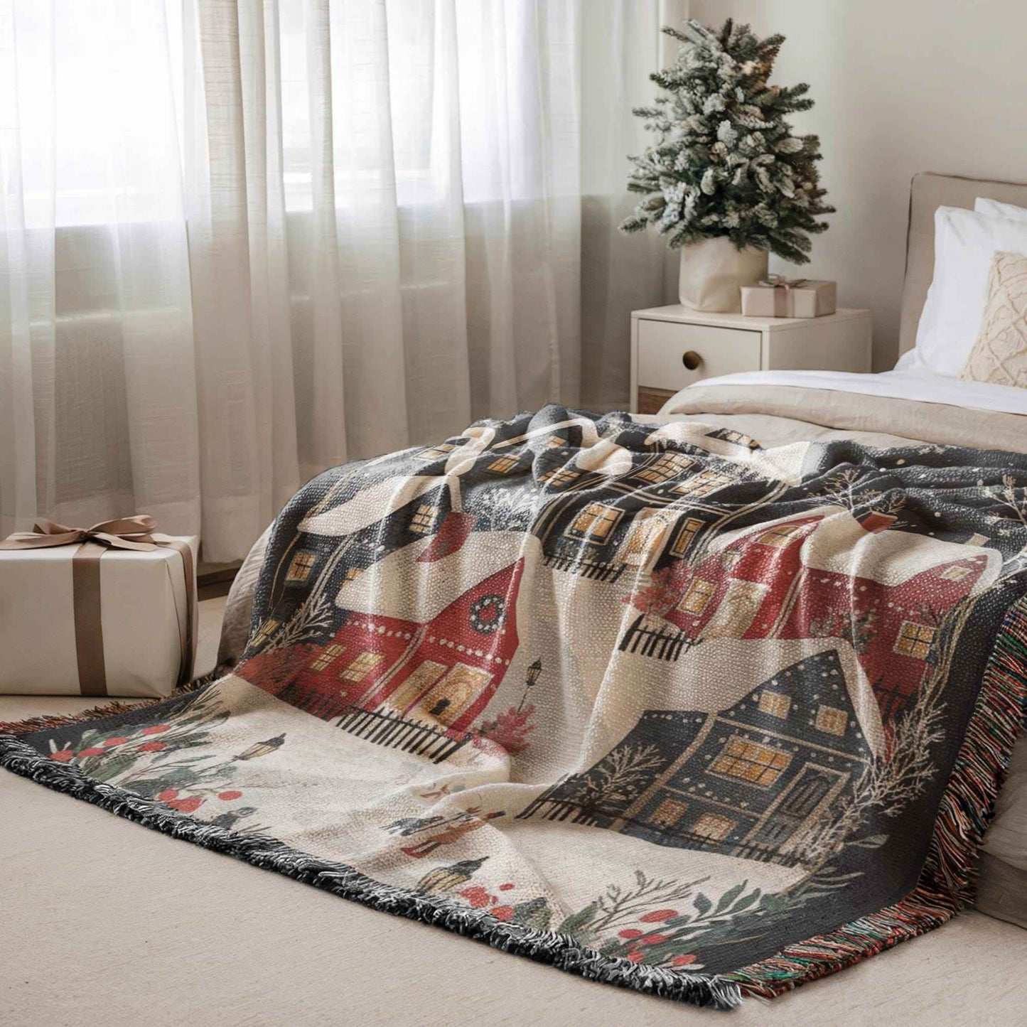 Holiday Cotton Throw - Woven Christmas Village Blanket | Cozy Seasonal Bedroom Accent - timelessbohochic.com