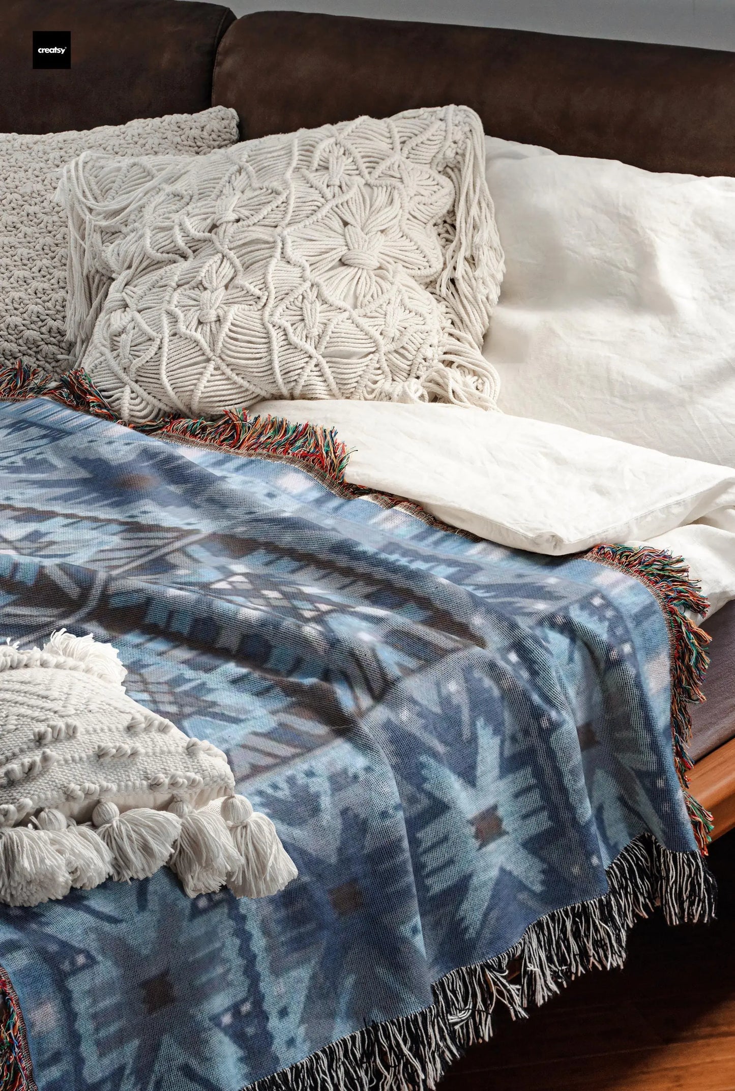 Scandi Woven Blanket – Cozy Bed Throw With Fringed Edge, Nordic Bedding Decor