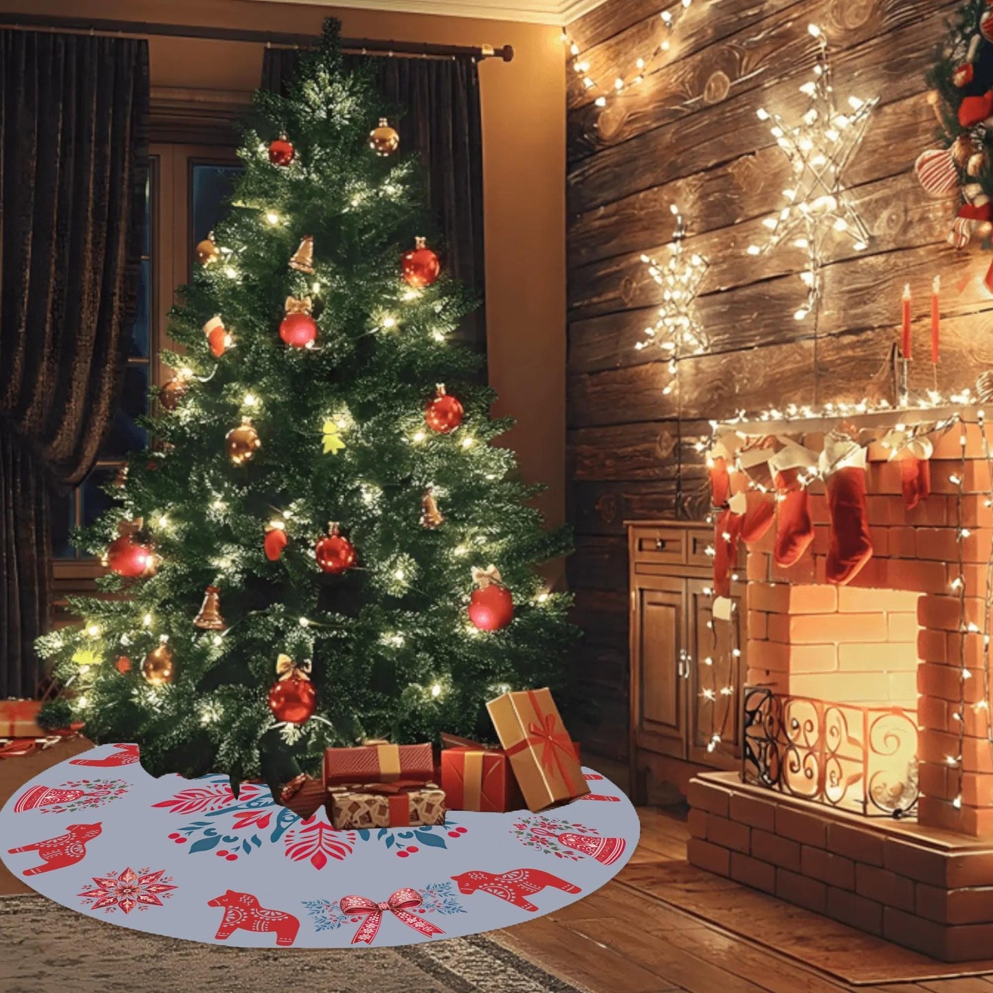 Scandi Christmas Tree Skirt – Nordic Holiday Decor With Dala Horse & Coquette Bow