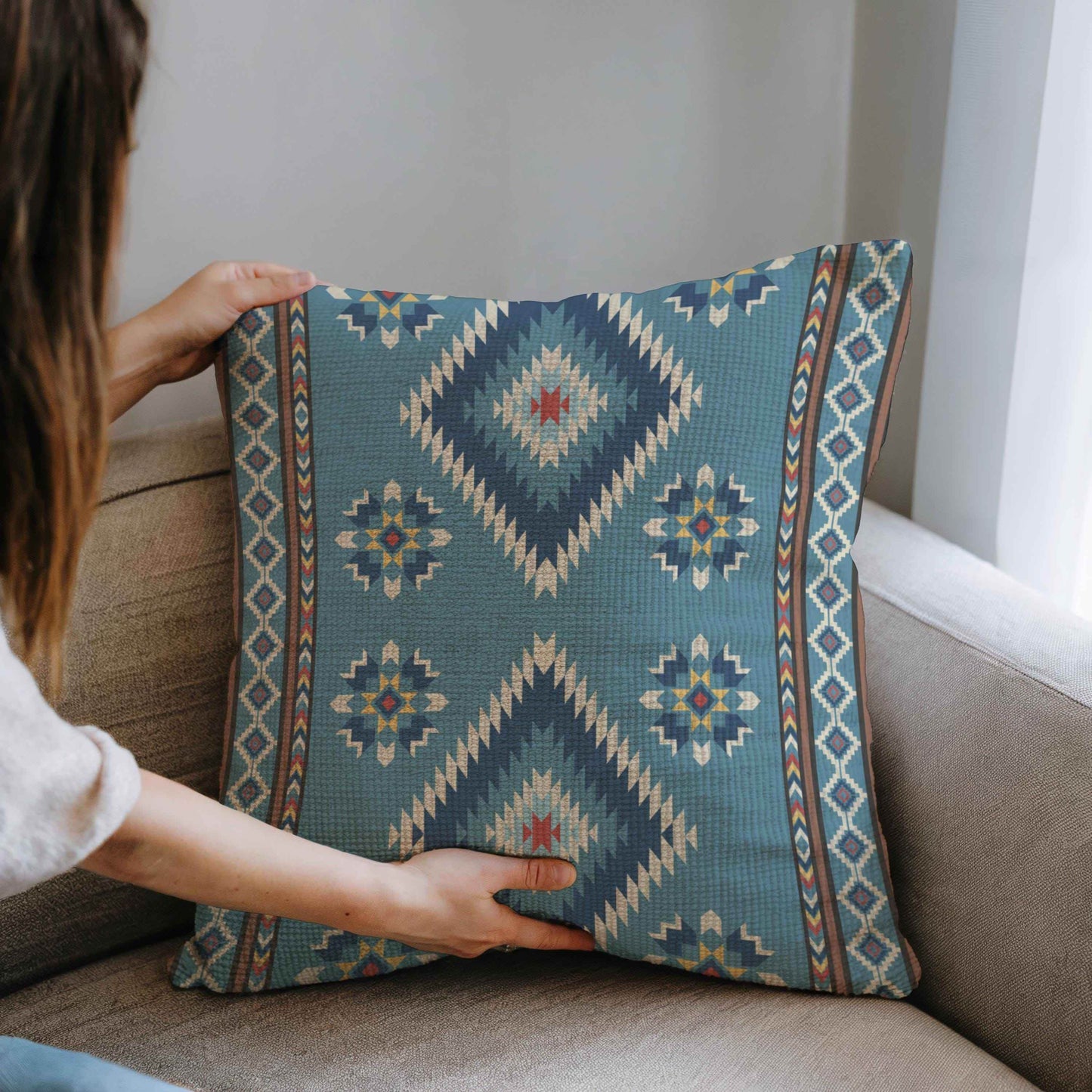 Rustic Navajo Pillow - Woven Cotton Ikat Pattern With Boho Fringe Cushion - timelessbohochic.com