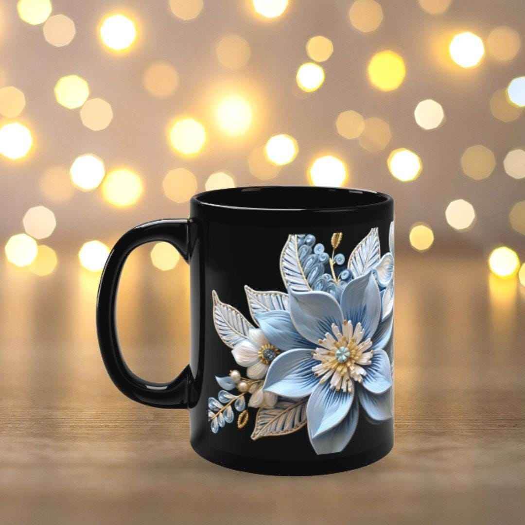 Christmas Ceramic Mug – Pale Blue Poinsettia Design | 11oz Durable Microwave Safe Cup - timelessbohochic.com