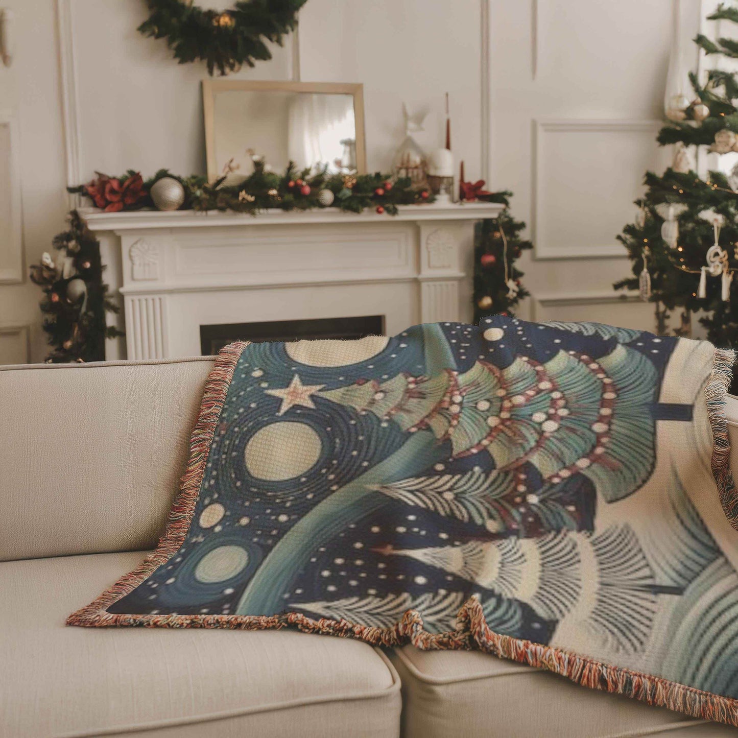 Forest Themed Woven Blanket – Cozy Winter Cotton Throw With Christmas Trees - timelessbohochic.com