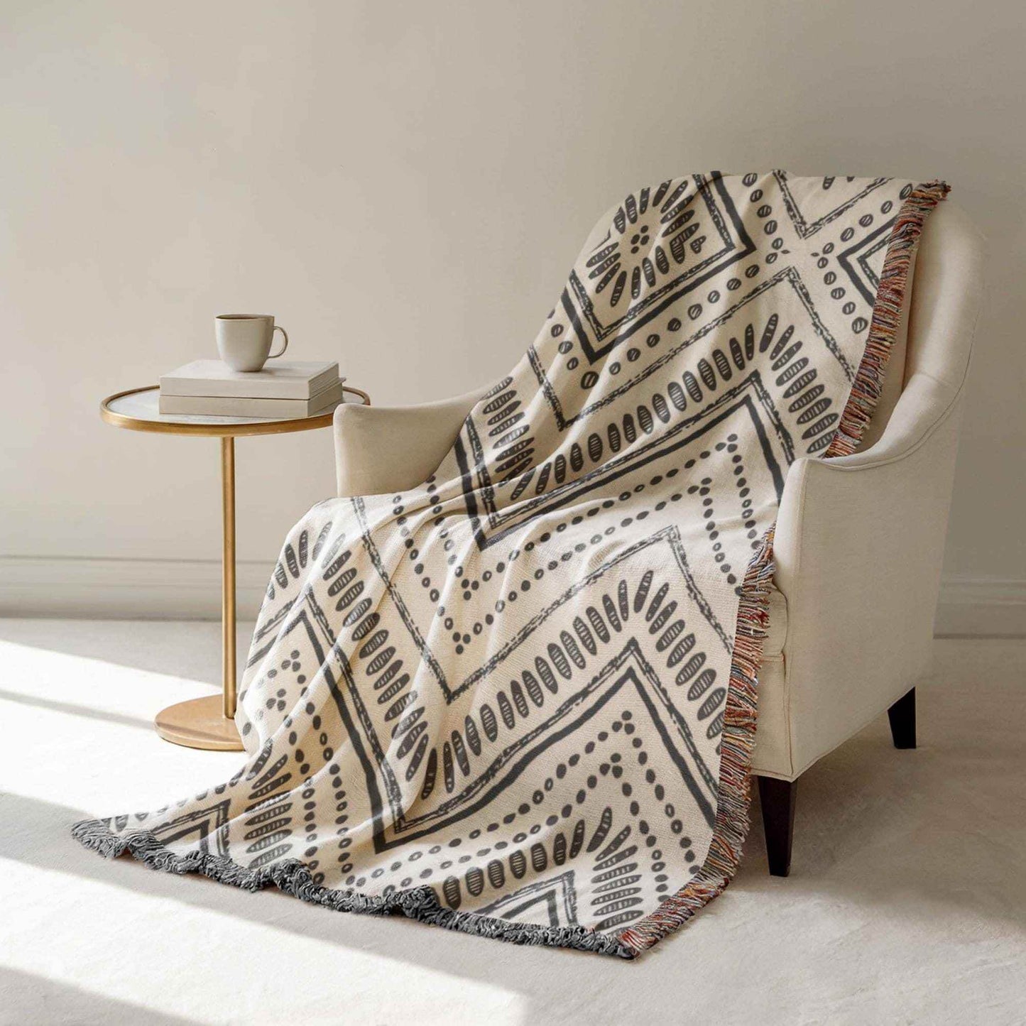 Black White Woven Cotton Blanket - Geometric Ikat Pattern Throw Blanket - timelessbohochic.com