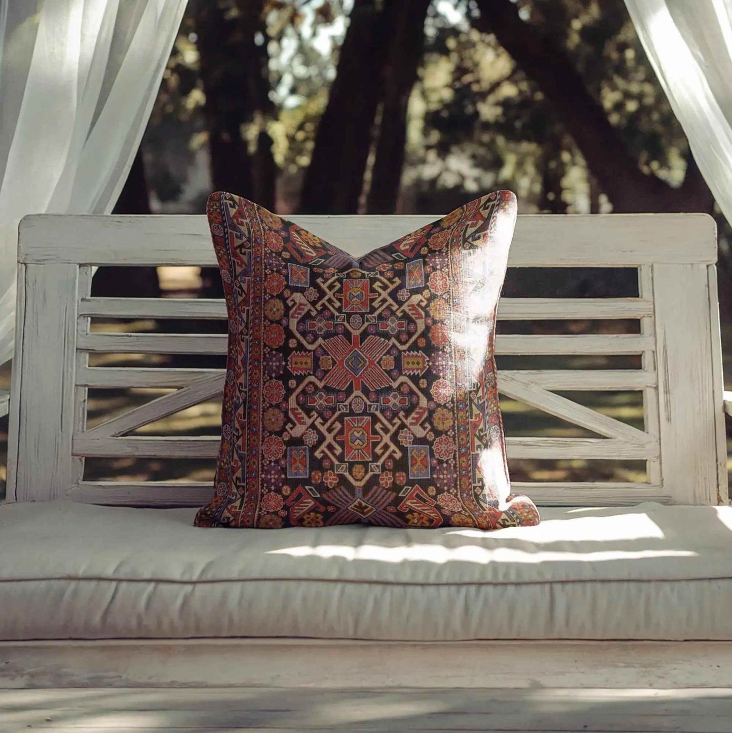 Woven Pillow | Boho Cushion with Turkish Rug Pattern - Accent Throw Pillow - timelessbohochic.com