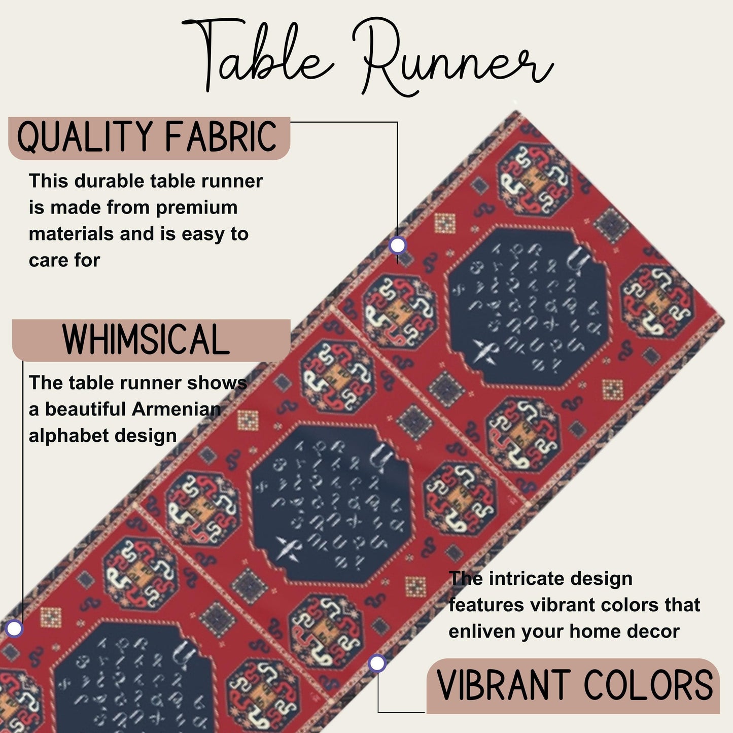 Armenian Table Runner – Cotton Boho Table Linen with Armenian Alphabet Decor