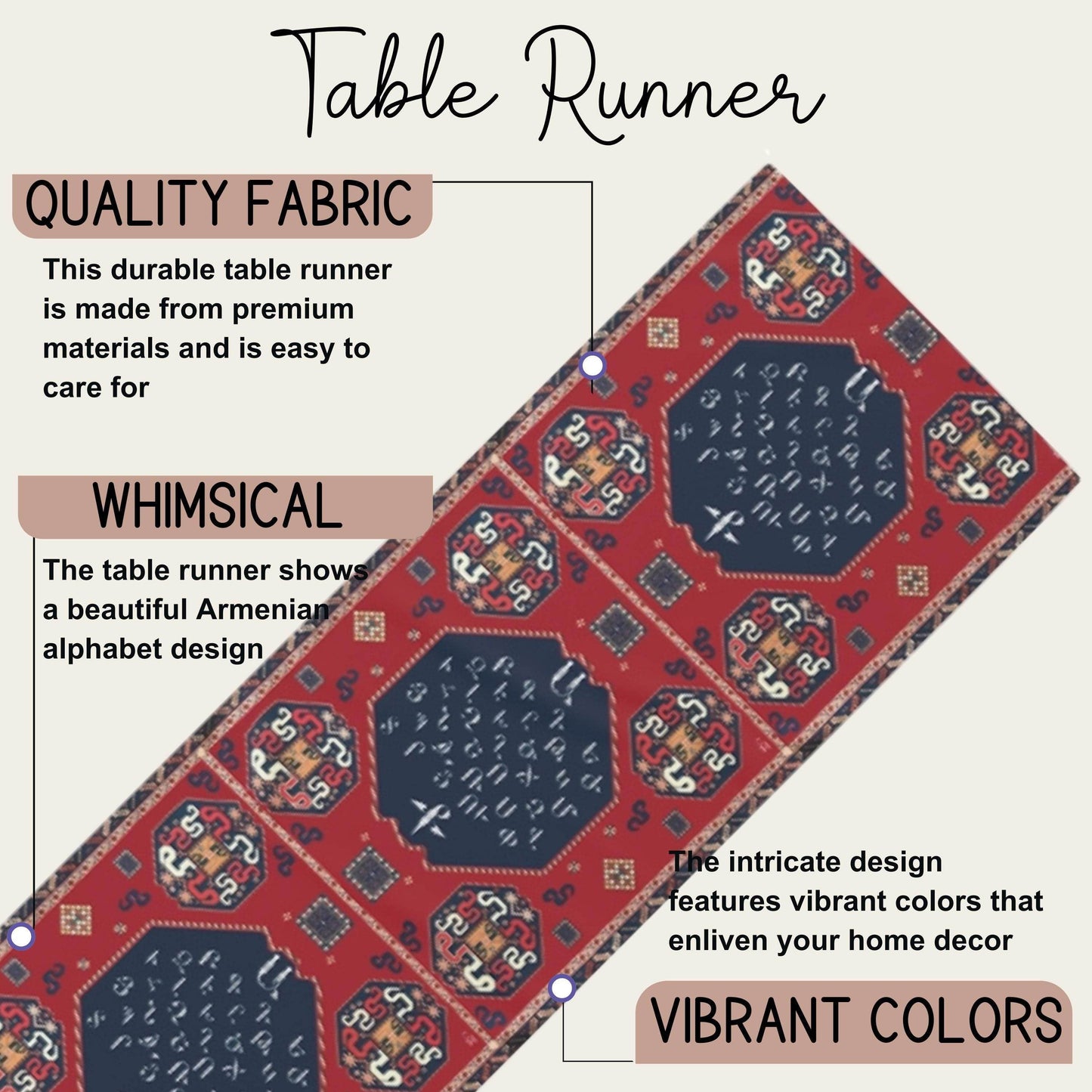 Armenian Table Runner – Cotton Boho Table Linen with Armenian Alphabet Decor - timelessbohochic.com