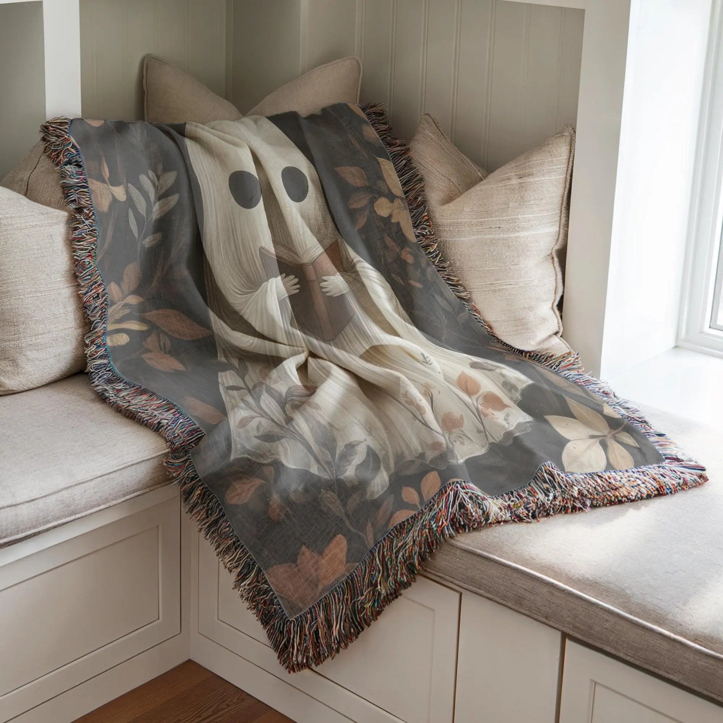 Cute Ghost Throw Blanket - Cozy Fall Cotton Woven Throw With Colorful Fringed Edges