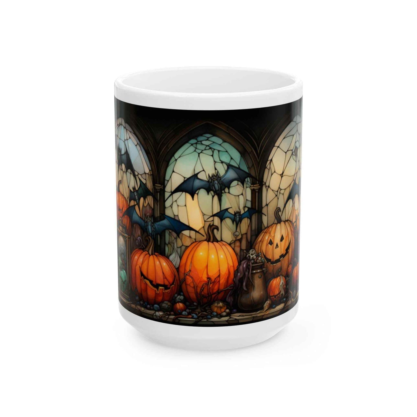 Halloween Coffee Mug - Cute Pumpkin Stained Glass Ceramic, 11oz Dishwasher Safe - timelessbohochic.com