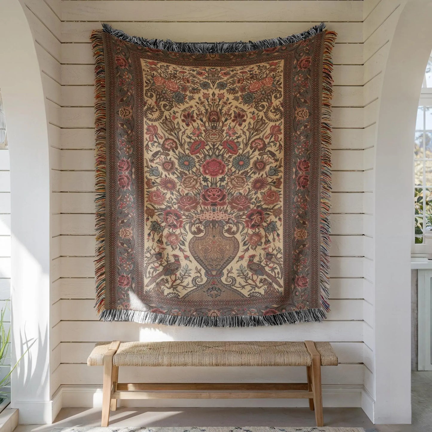 Persian Vase Woven Wall - Cotton Throw Blanket With Colorful Fringed Edges